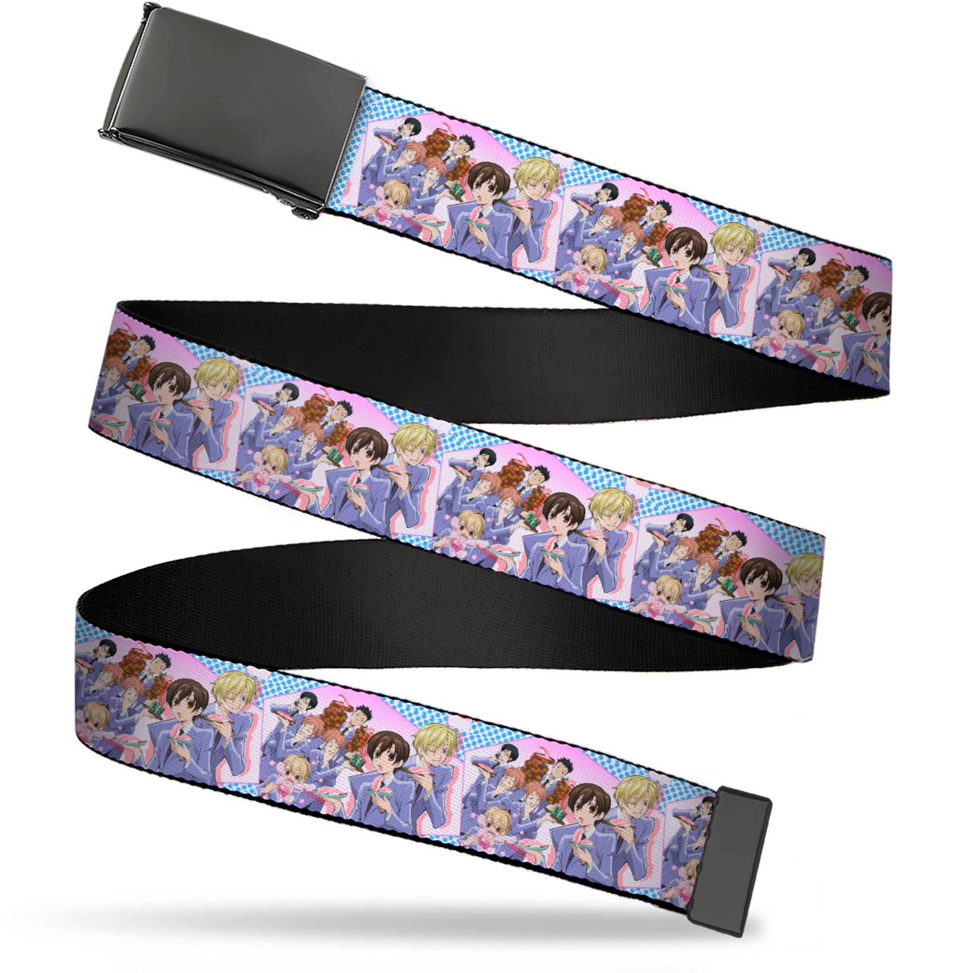 Web Belt Blank Black Buckle - Ouran High School Host Club Seven Character Sushi Dining Pose Pink/Blue Webbing Web Belts Ouran High School Host Club