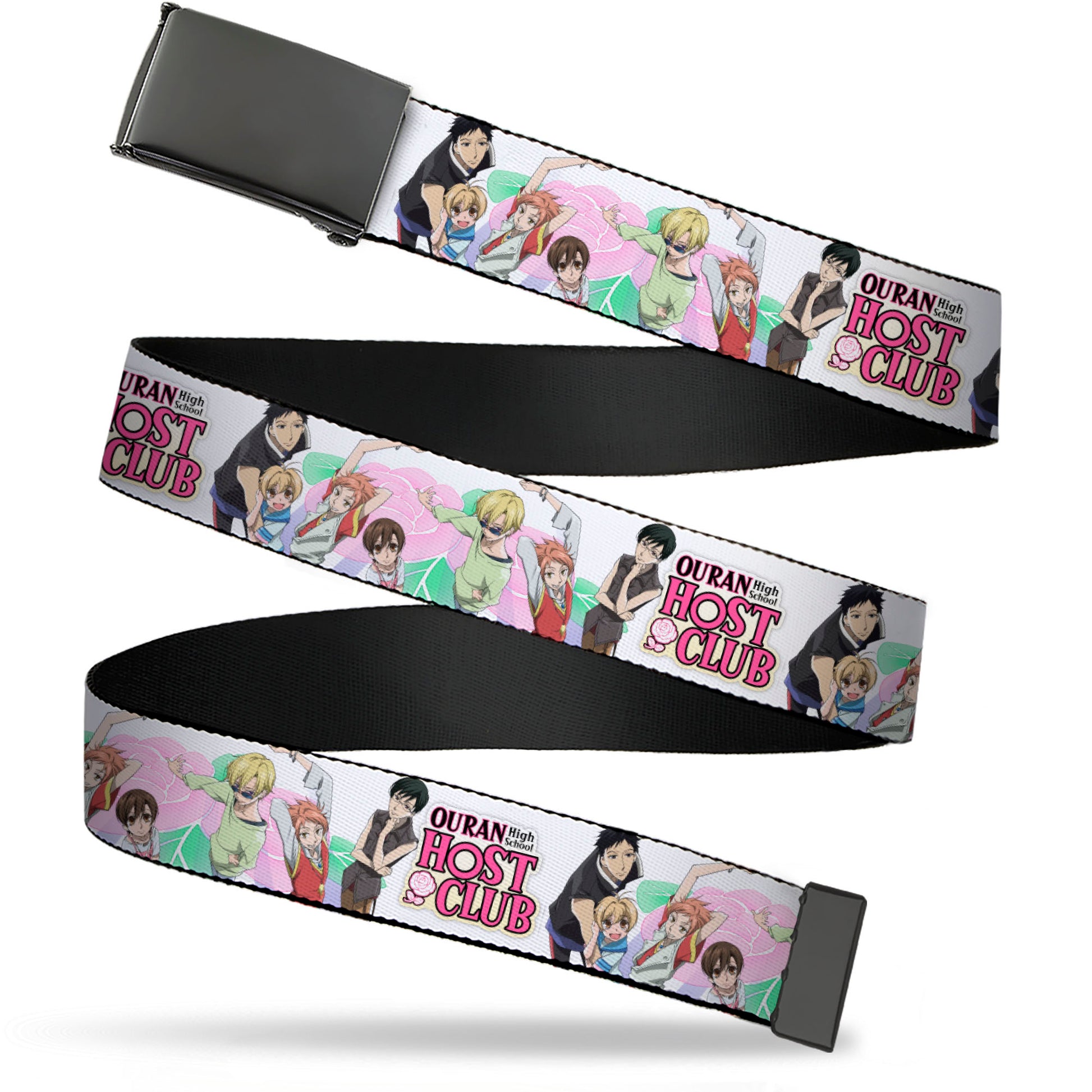 Web Belt Blank Black Buckle - OURAN HIGH SCHOOL Seven Character Group Pose and Title Logo White Webbing Web Belts Ouran High School Host Club