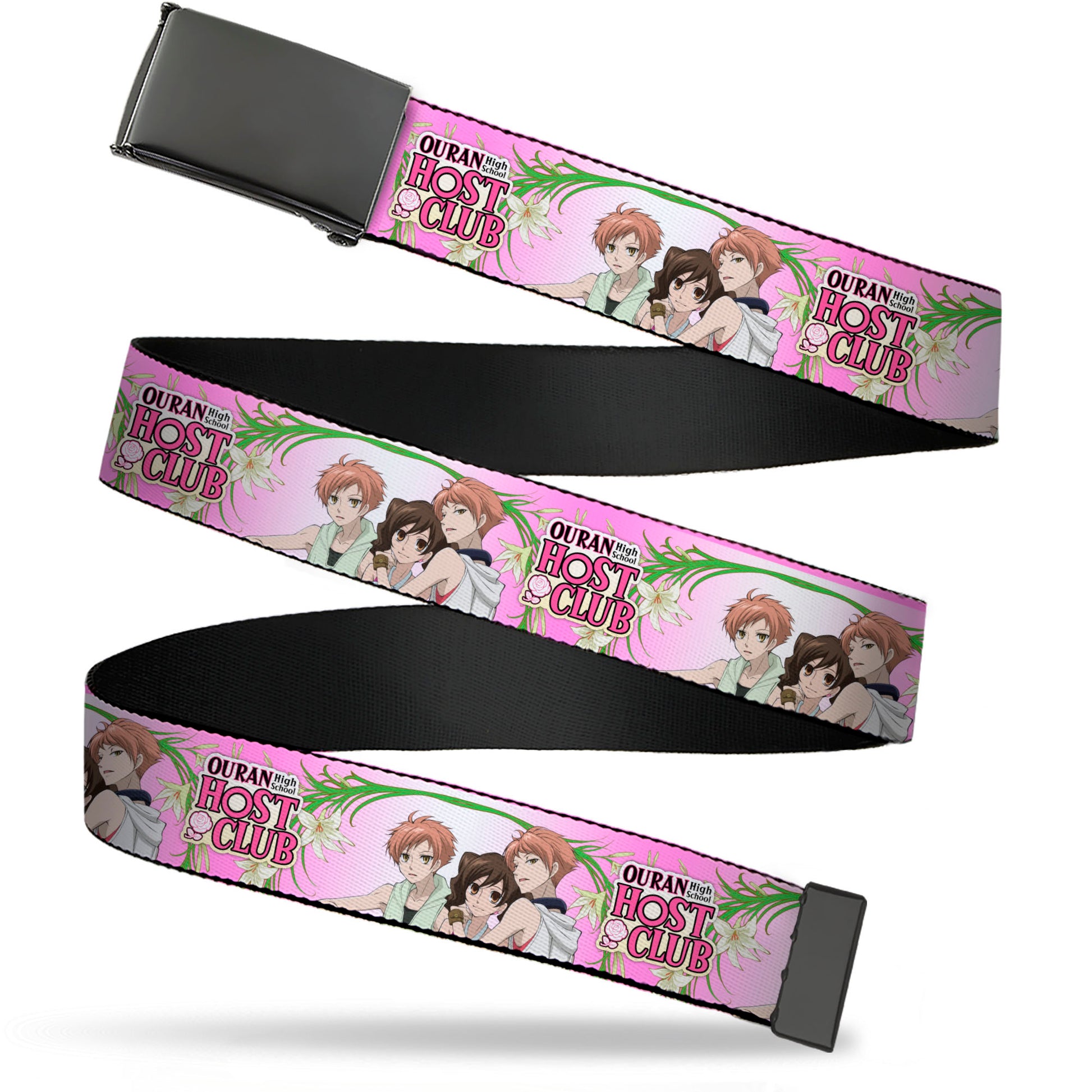 Web Belt Blank Black Buckle - OURAN HIGH SCHOOL HOST CLUB Haruhi and Hitachiin Twins Lilies Pose and Title Logo Pinks Webbing Web Belts Ouran High School Host Club