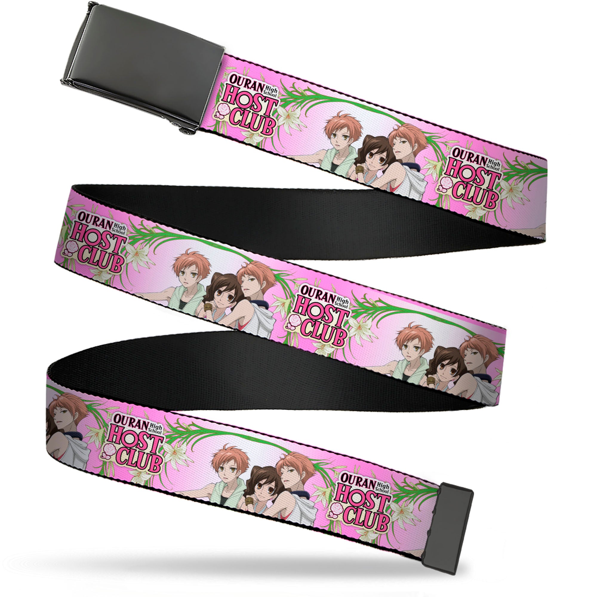 Web Belt Blank Black Buckle - OURAN HIGH SCHOOL HOST CLUB Haruhi and Hitachiin Twins Lilies Pose and Title Logo Pinks Webbing Web Belts Ouran High School Host Club
