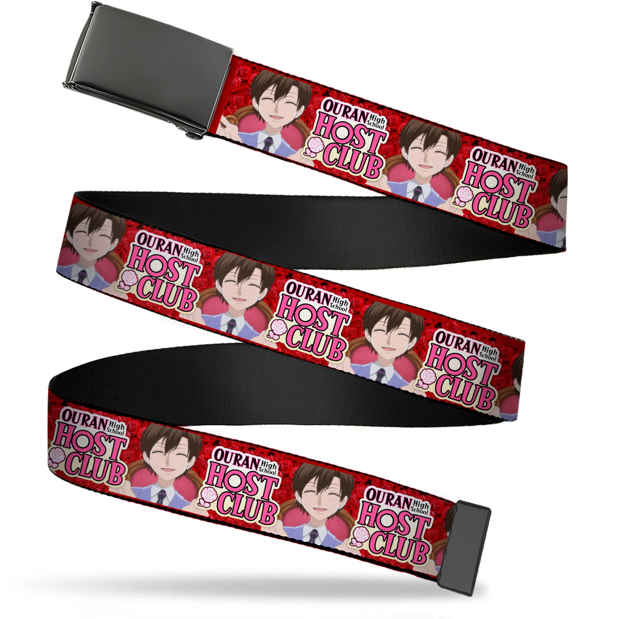 Web Belt Blank Black Buckle - OURAN HIGH SCHOOL HOST CLUB Haruhi Smiling Pose with Roses and Title Logo Reds Webbing Web Belts Ouran High School Host Club