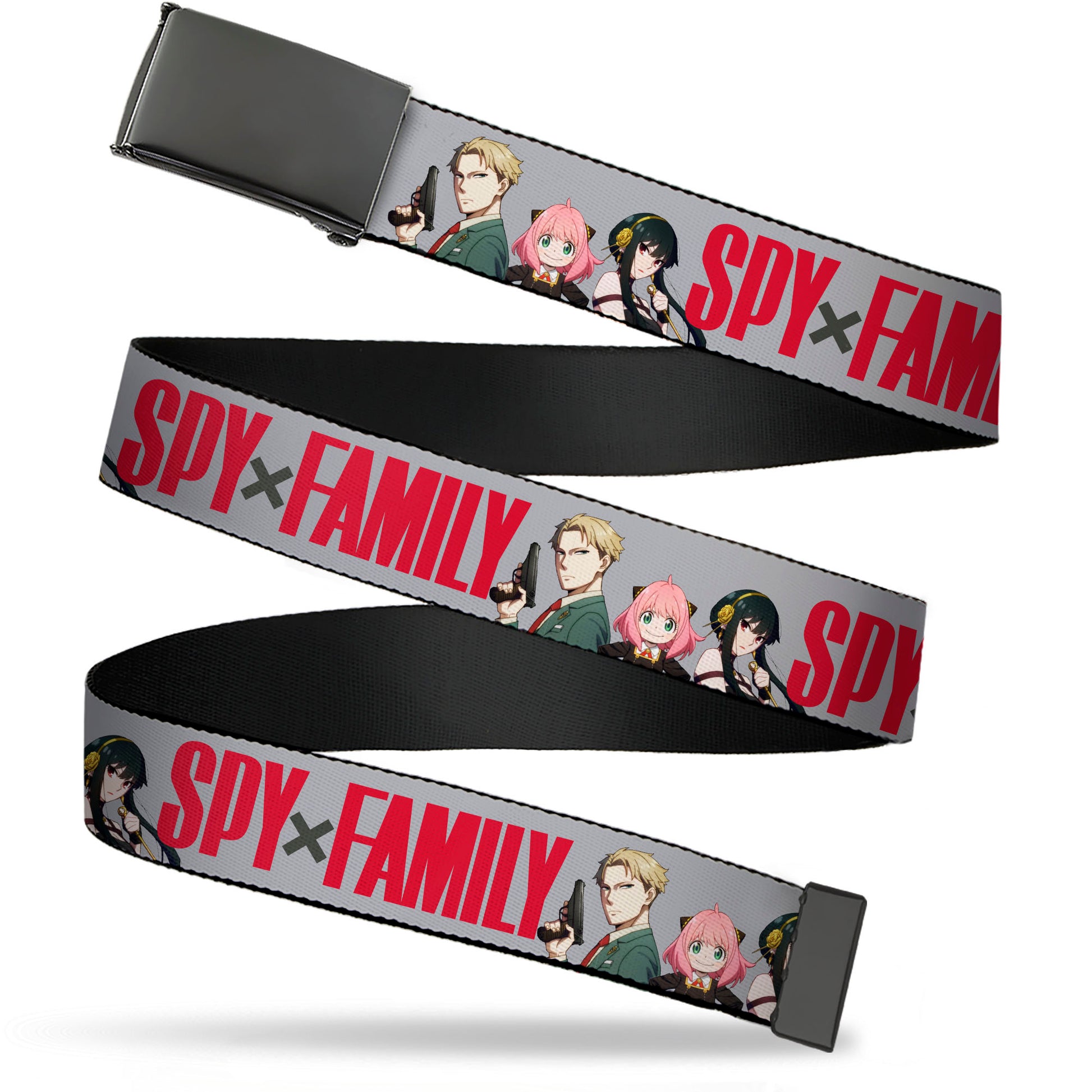 Web Belt Blank Black Buckle - SPY x FAMILY Forger Family Group Pose and Title Logo Gray Webbing Web Belts Spy x Family
