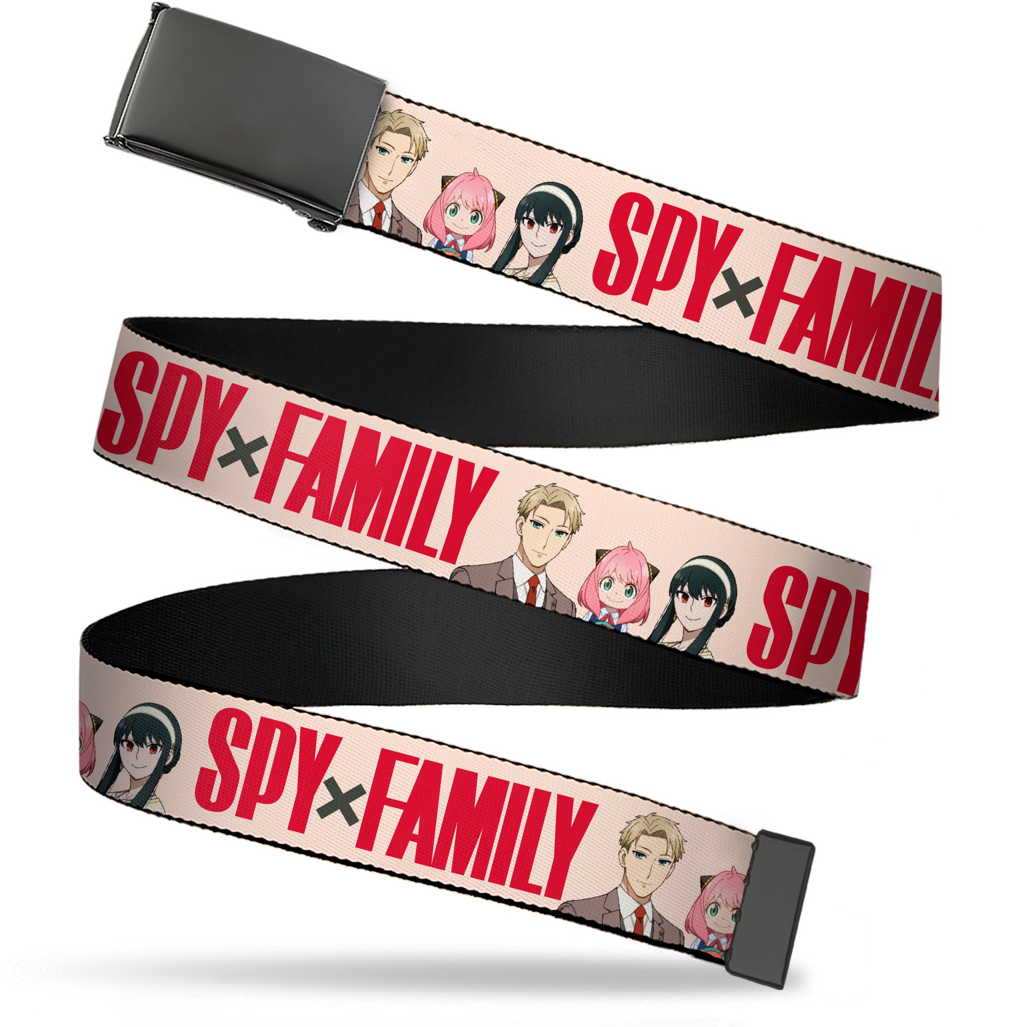 Web Belt Blank Black Buckle - SPY x FAMILY Forger Family Group Pose and Title Logo Pink/Red Webbing Web Belts Spy x Family