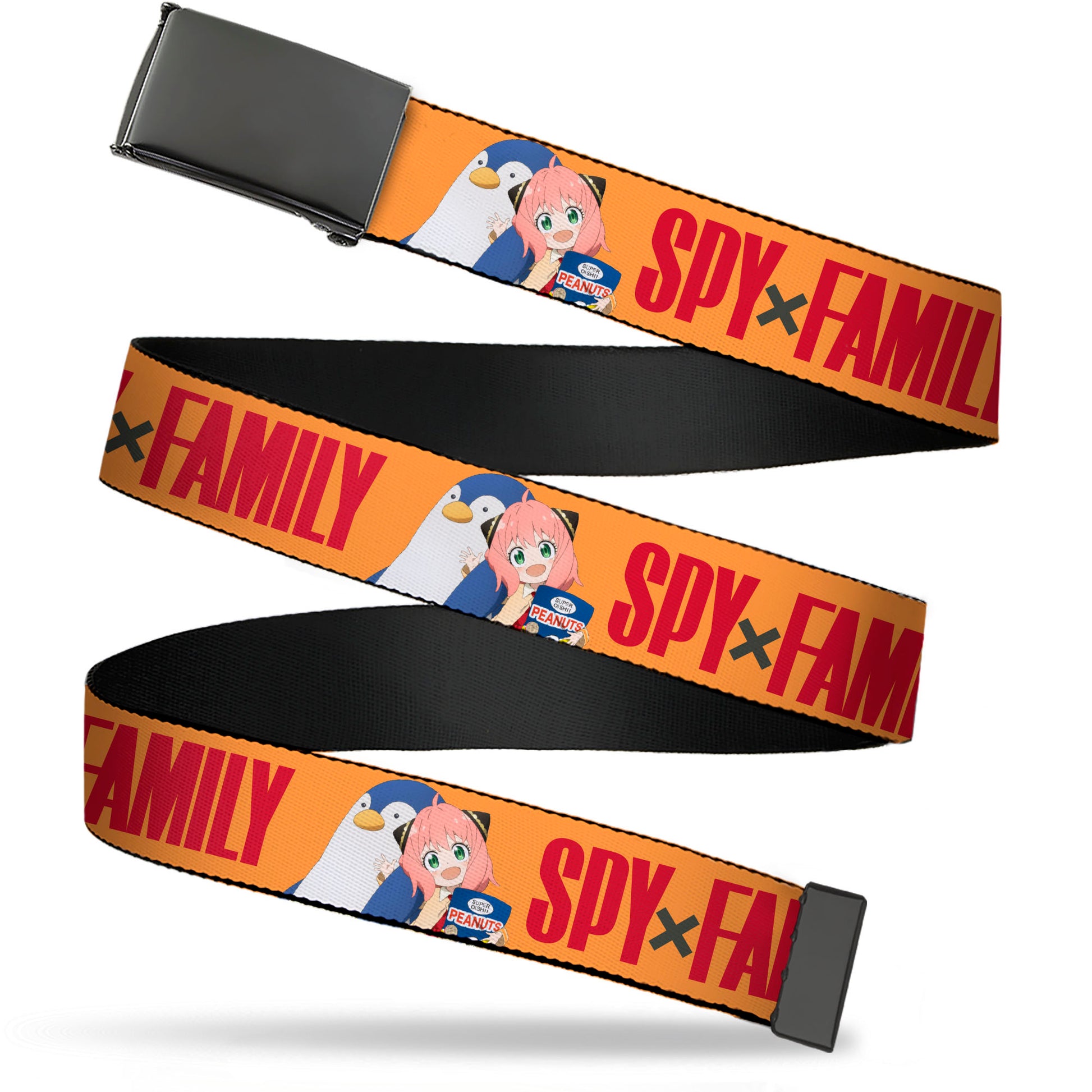 Web Belt Blank Black Buckle - SPY x FAMILY Anya with Agent Penguinman Pose and Title Logo Orange Webbing Web Belts Spy x Family