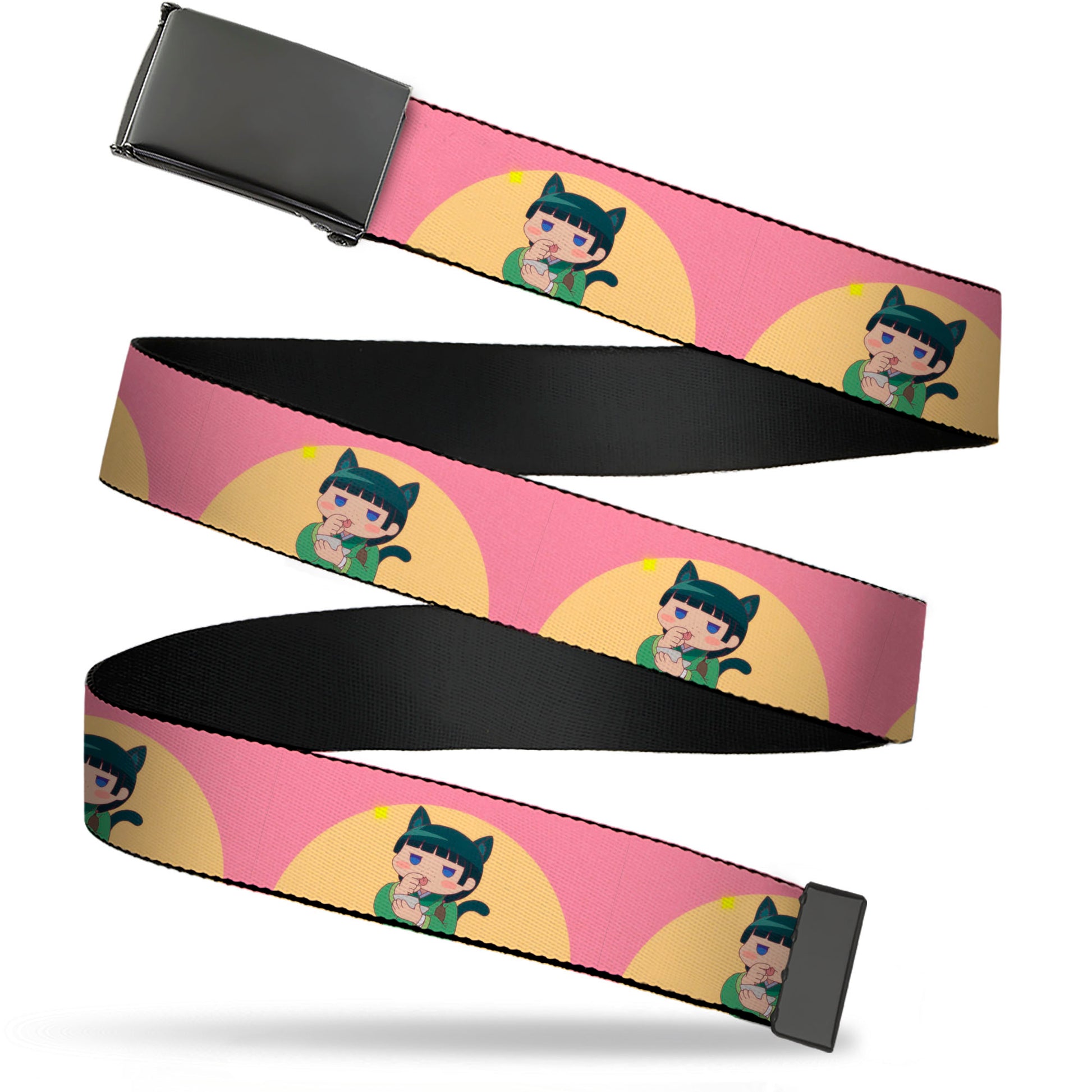 Web Belt Blank Black Buckle - The Apothecary Diaries Chibi Maomao Cat Pose Pink/Yellow Webbing Web Belts The Apothecary Diaries