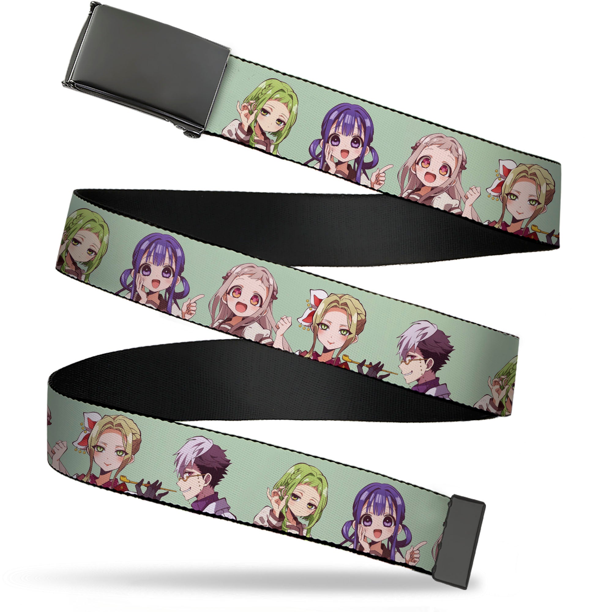 Web Belt Blank Black Buckle - After-School Hanako-Kun Five Character Poses Light Green Webbing Web Belts After-School Hanako-Kun
