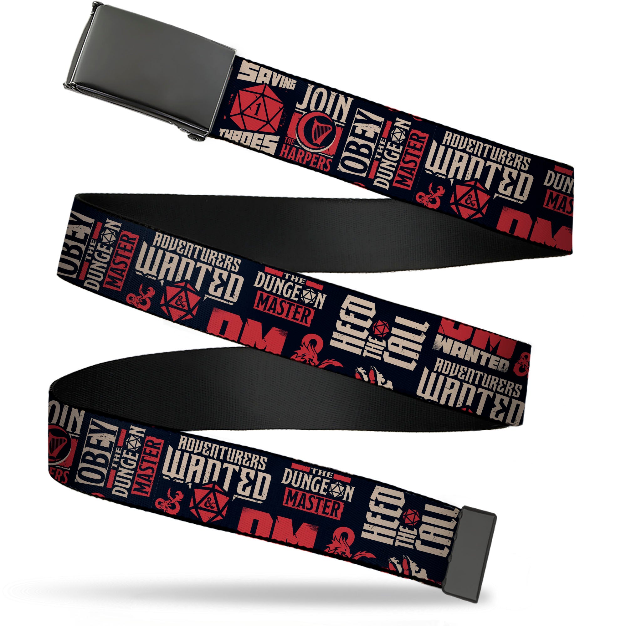 Web Belt Blank Black Buckle - Dungeons & Dragons Quotes and Icons Collage Black/Red/Tan Webbing Web Belts Dungeons & Dragons