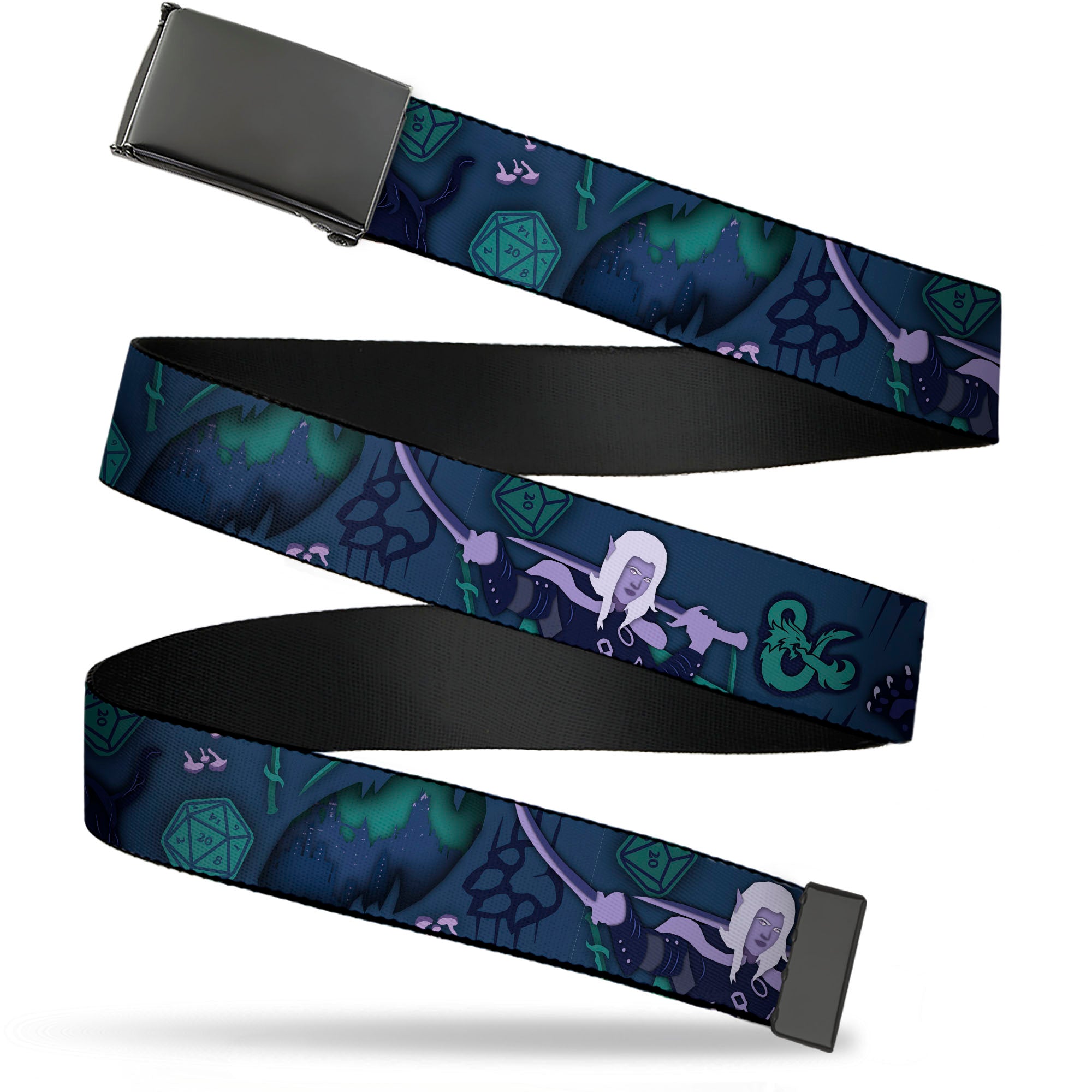 Web Belt Blank Black Buckle - Dungeons & Dragons Drizzt and Guenhwyvar with Icons Blues/Purples Webbing Web Belts Dungeons & Dragons