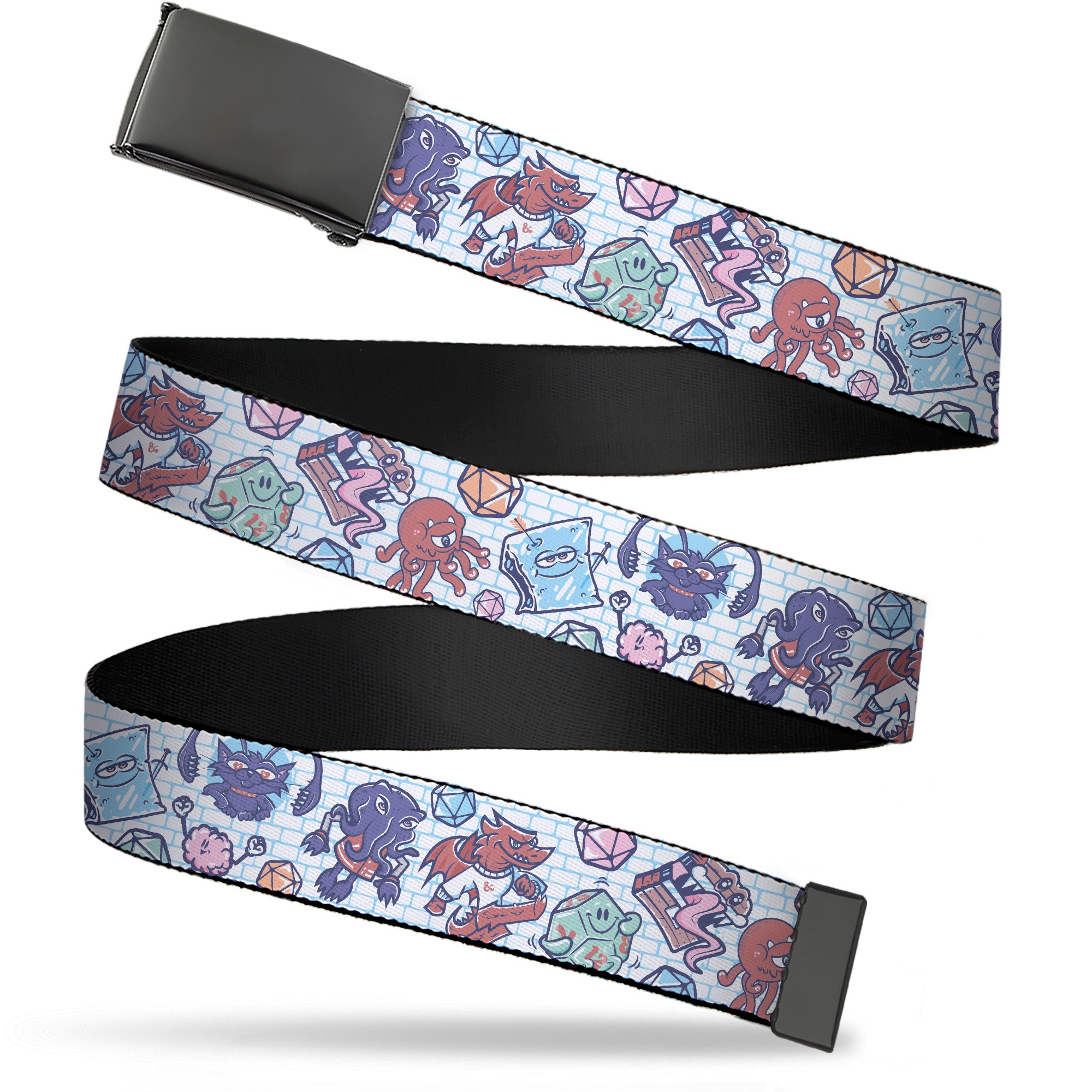 Web Belt Blank Black Buckle - Dungeons & Dragons Icons Doodle White/Multi Color Webbing Web Belts Dungeons & Dragons