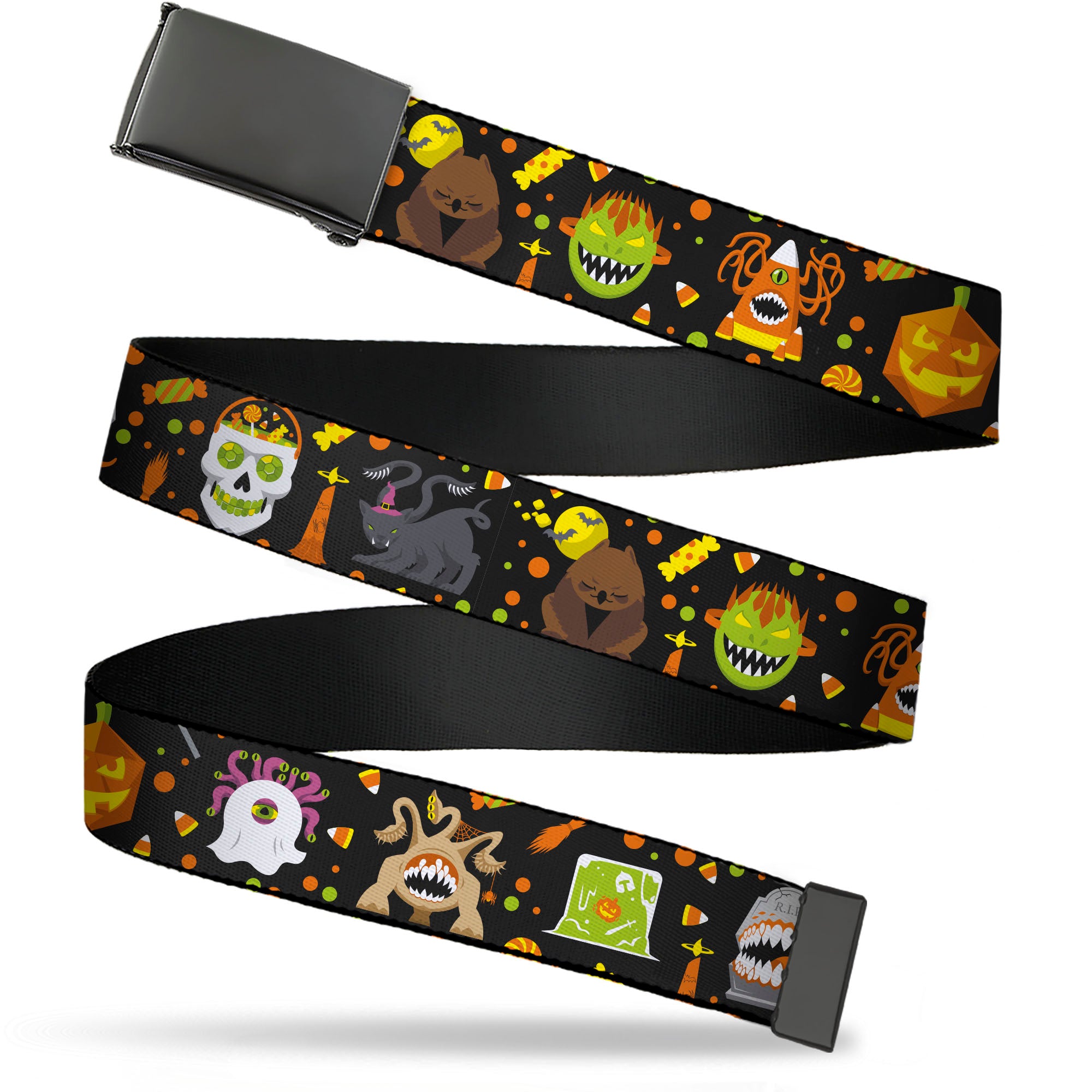 Web Belt Blank Black Buckle - Dungeons & Dragons Halloween Icons and Candy Collage Black/Orange Webbing Web Belts Dungeons & Dragons