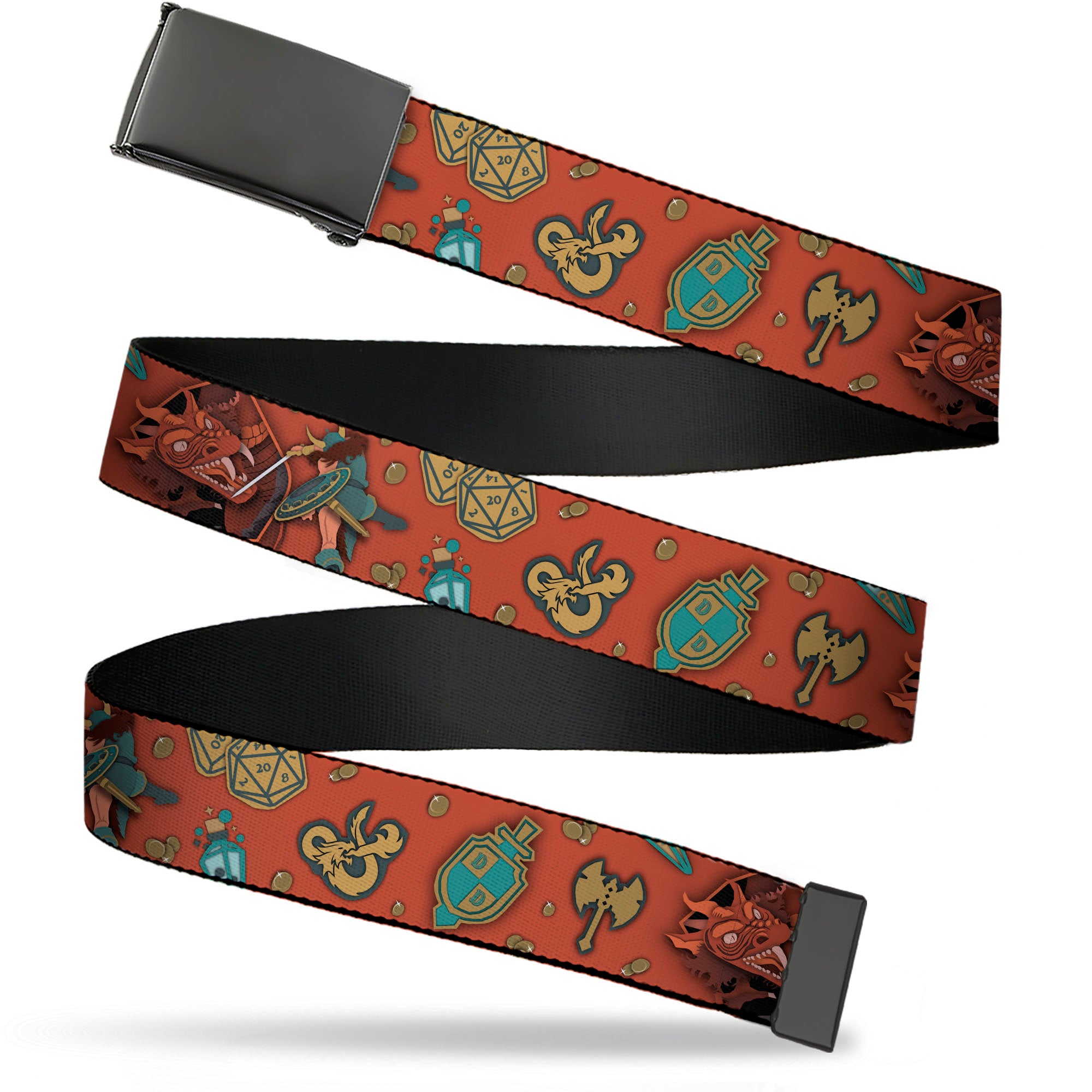 Web Belt Blank Black Buckle - Dungeons & Dragons Dragon Slayer and Icons Collage Reds/Greens Webbing Web Belts Dungeons & Dragons