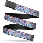 Web Belt Blank Black Buckle - Dungeons & Dragons ROLL WITH THE LIKE MINDED Icons Collage Blues/Pinks Webbing Web Belts Dungeons & Dragons