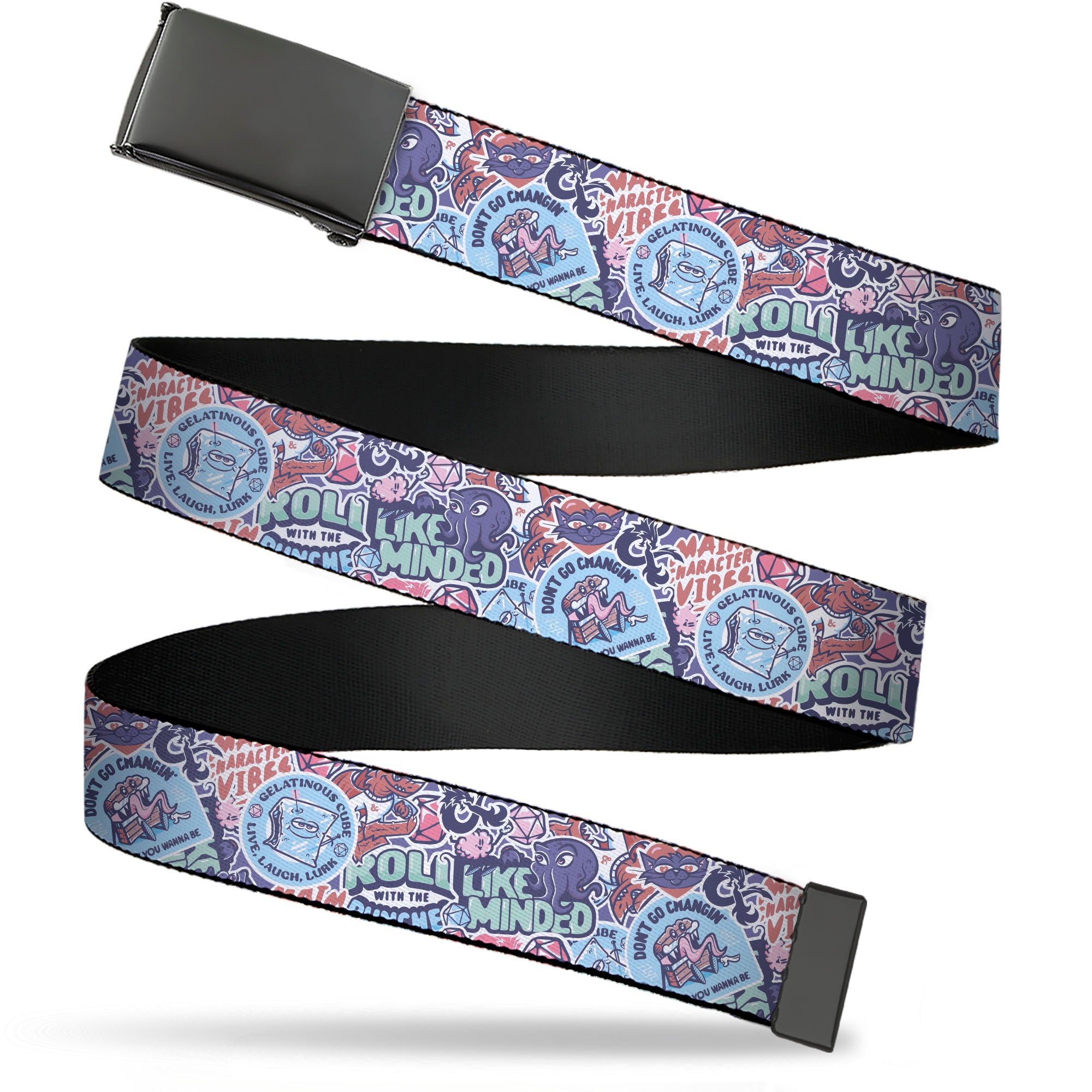 Web Belt Blank Black Buckle - Dungeons & Dragons ROLL WITH THE LIKE MINDED Icons Collage Blues/Pinks Webbing Web Belts Dungeons & Dragons