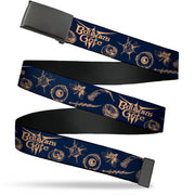 Web Belt Blank Black Buckle - BALDUR'S GATE III Title Logo and Icons Blue/Tan Webbing Web Belts Baldur's Gate III