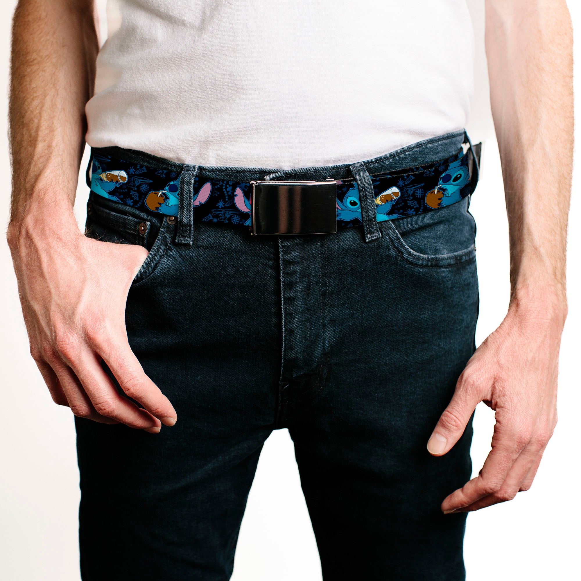 Web Belt Blank Black Buckle - Stitch Snacking Poses Black/Blue Webbing