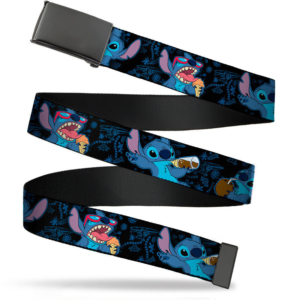 Web Belt Blank Black Buckle - Stitch Snacking Poses Black/Blue Webbing