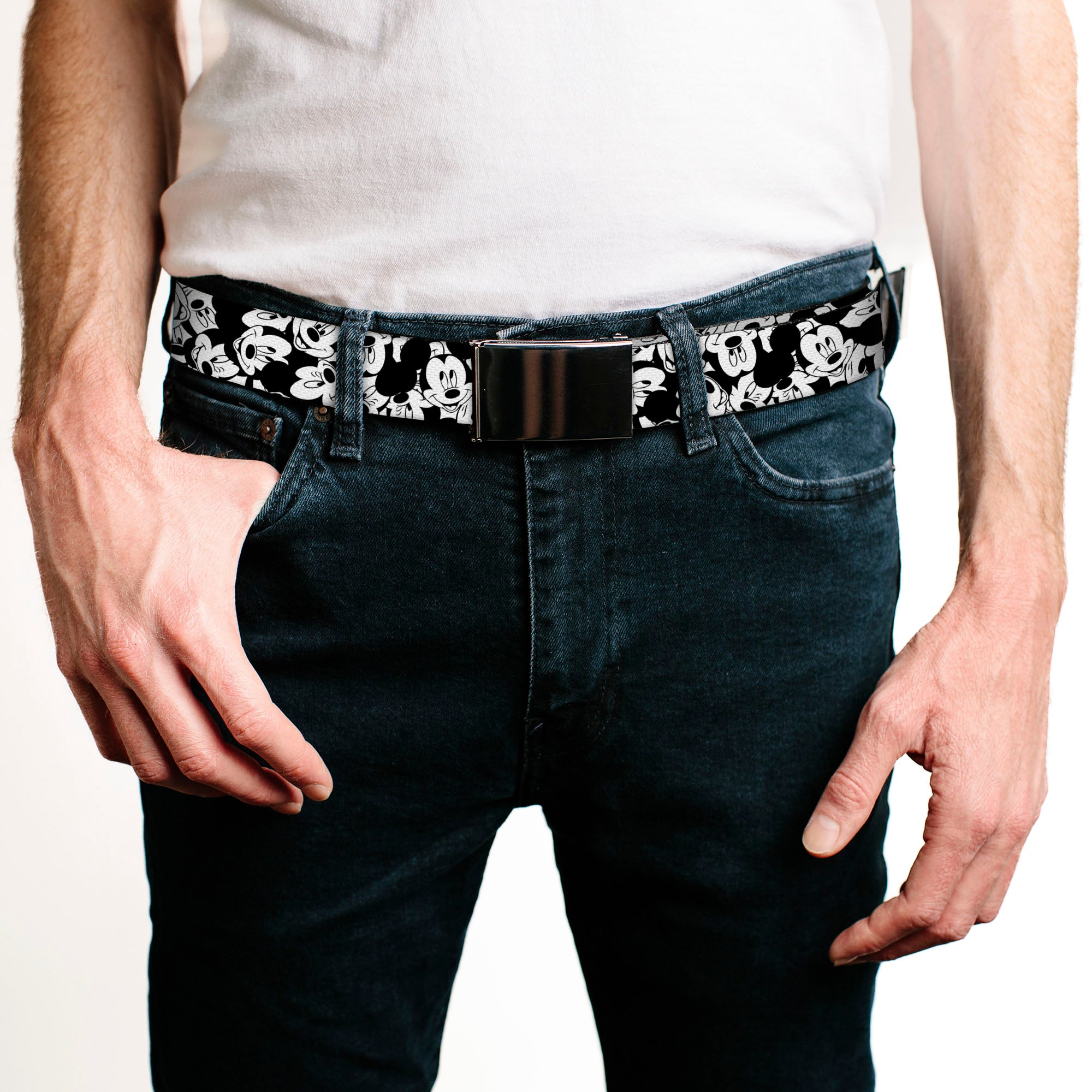 Web Belt Blank Black Buckle - Mickey Mouse Expressions Stacked White/Black Webbing
