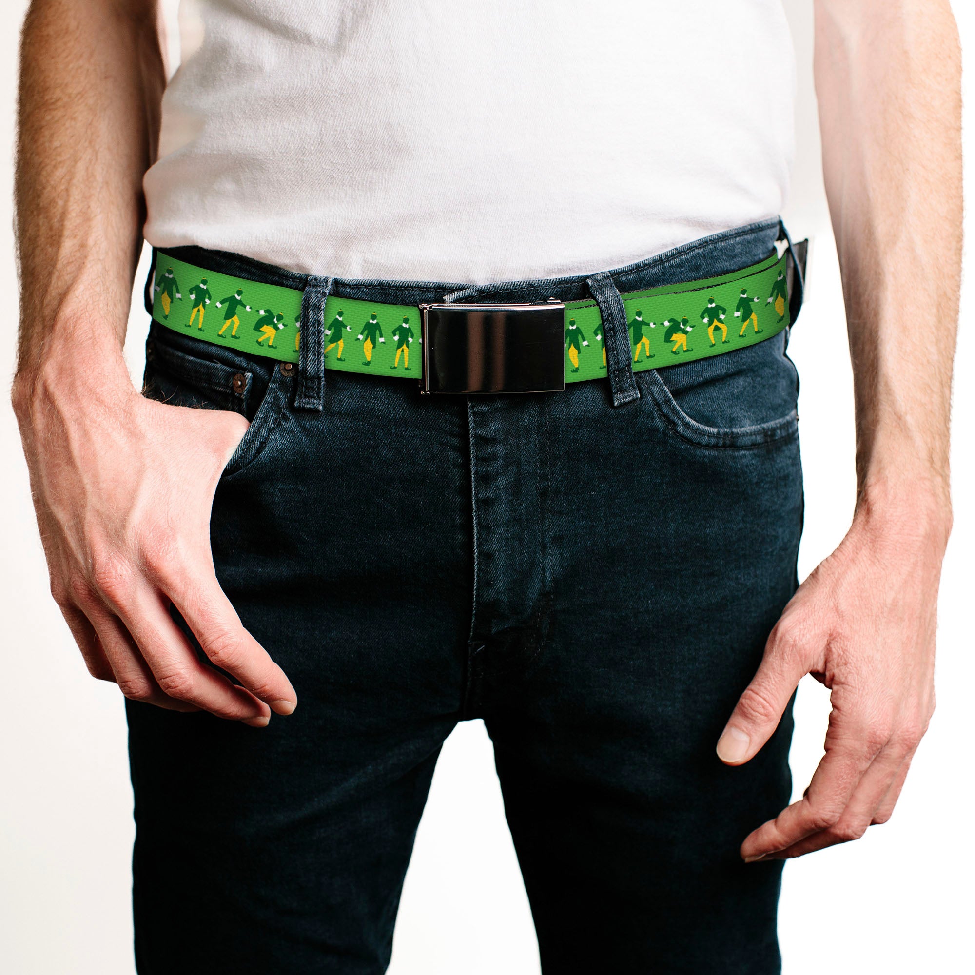 Web Belt Blank Black Buckle - Elf Buddy the Elf Silhouette Poses Greens/White/Yellow Webbing Web Belts Elf
