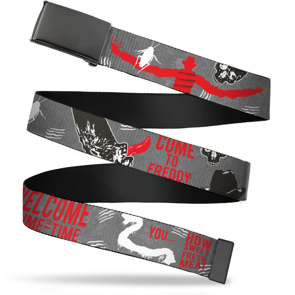 Web Belt Blank Black Buckle - A Nightmare on Elm Street Freddy Icons and Quote Collage Gray/Black/Red Webbing Web Belts A Nightmare on Elm Street