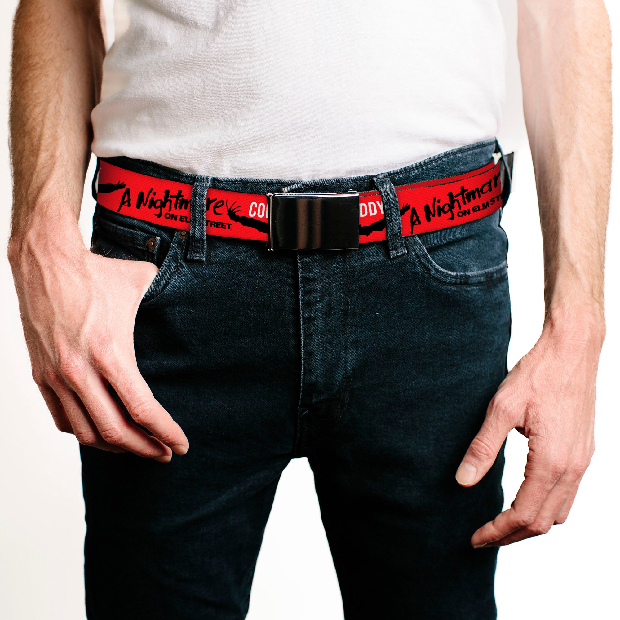 Web Belt Blank Black Buckle - A NIGHTMARE ON ELM ST COME TO FREDDY Long Arms Silhouette Red/Black Webbing Web Belts A Nightmare on Elm Street