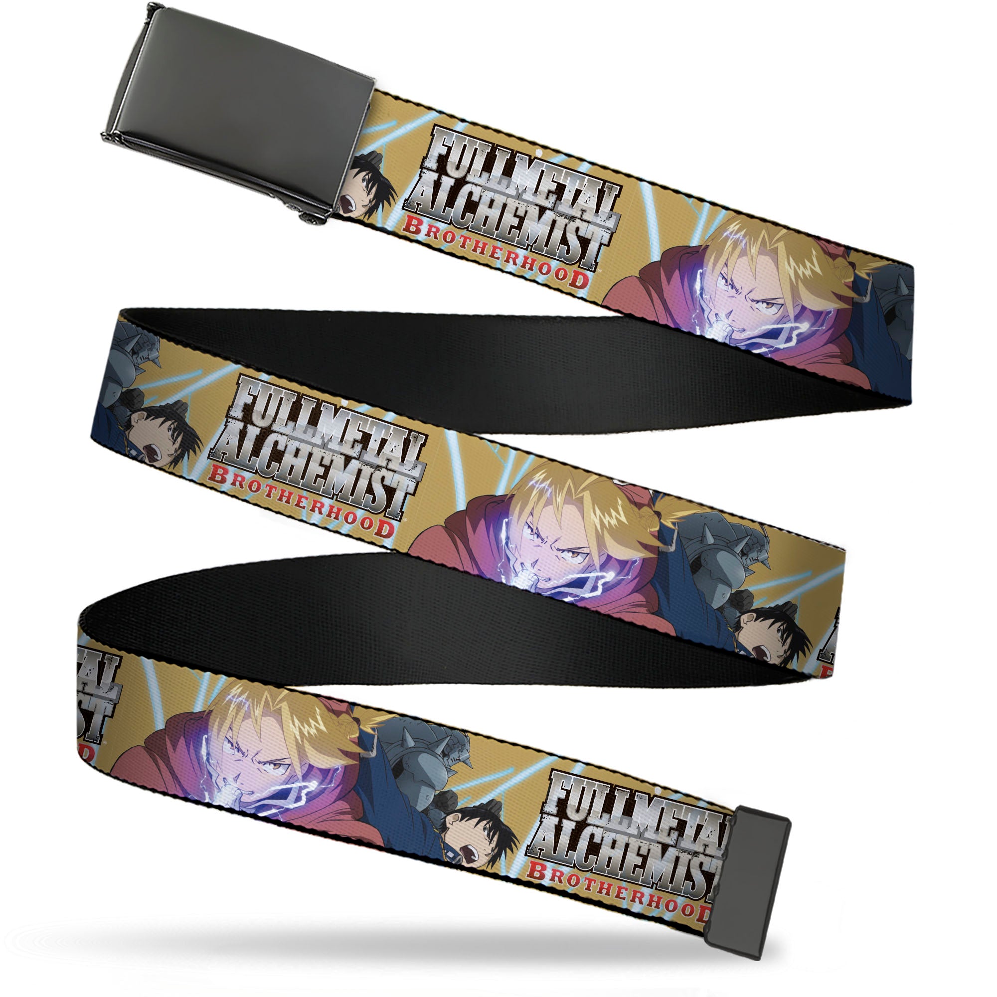 Web Belt Blank Black Buckle - Fullmetal Alchemist Brotherhood Elric Brothers and Roy Mustang Pose Yellows Webbing Web Belts Fullmetal Alchemist