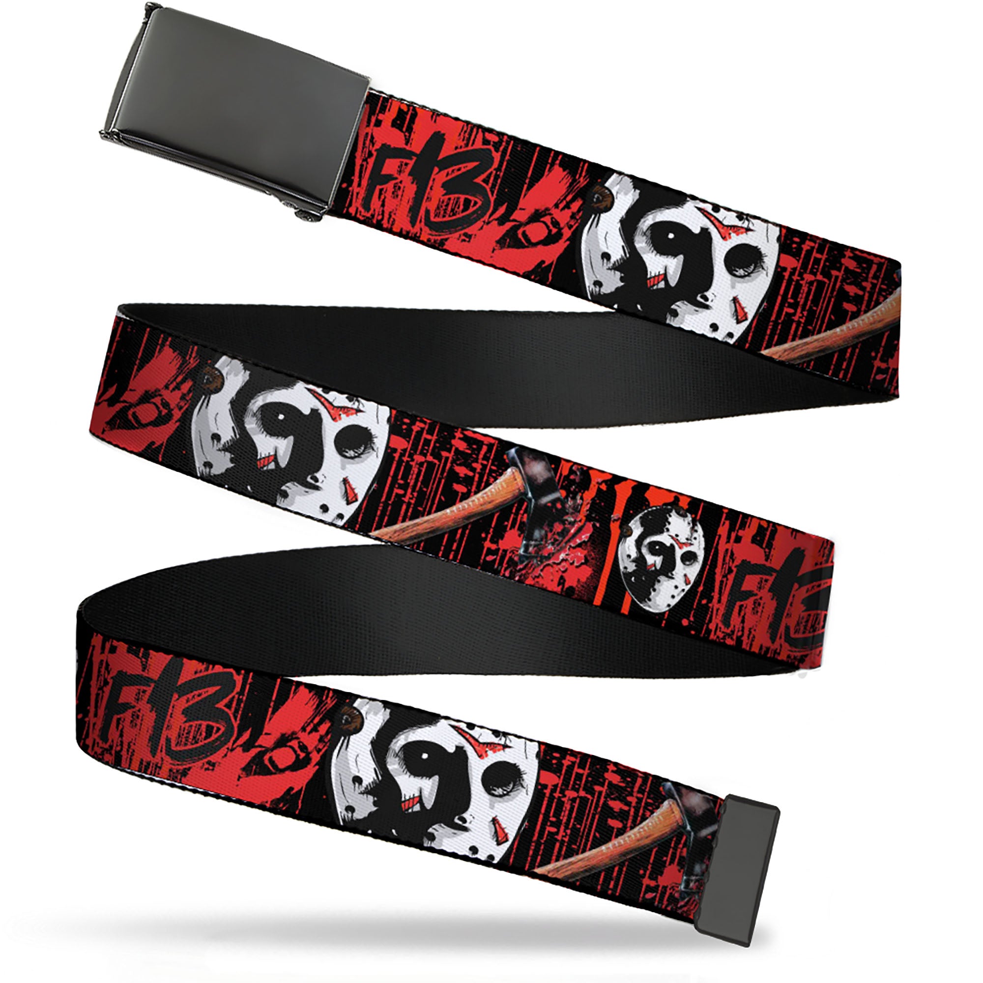 Web Belt Blank Black Buckle - FRIDAY THE 13th/Jason Mask4/Axe Blood Splatter Black/Red/White Webbing Web Belts Friday the 13th