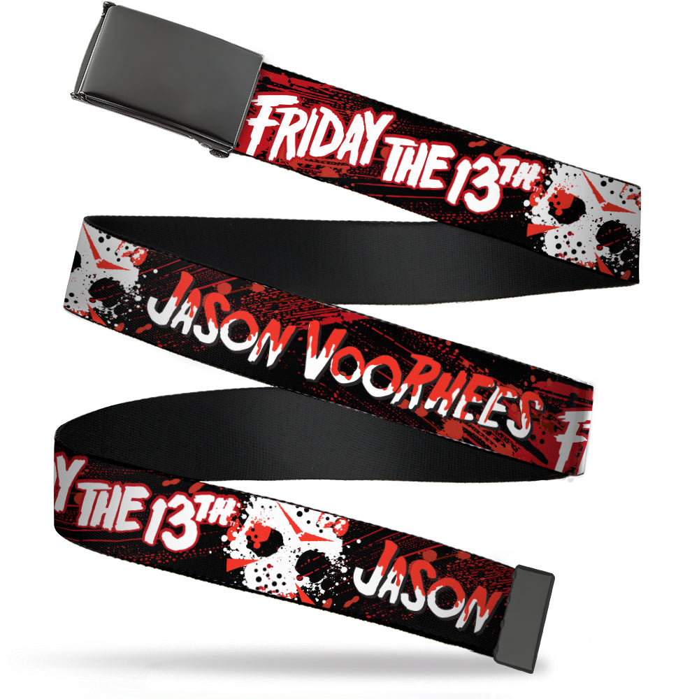 Web Belt Blank Black Buckle - FRIDAY THE 13TH JASON VOORHIES Mask Text Black/Red/White Webbing Web Belts Friday the 13th