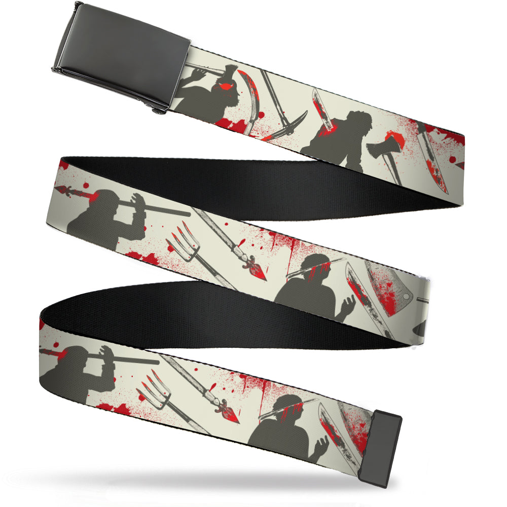 Web Belt Blank Black Buckle - Friday the 13th Weapons and Character Icons Collage Beige/Gray/Red Webbing Web Belts Friday the 13th