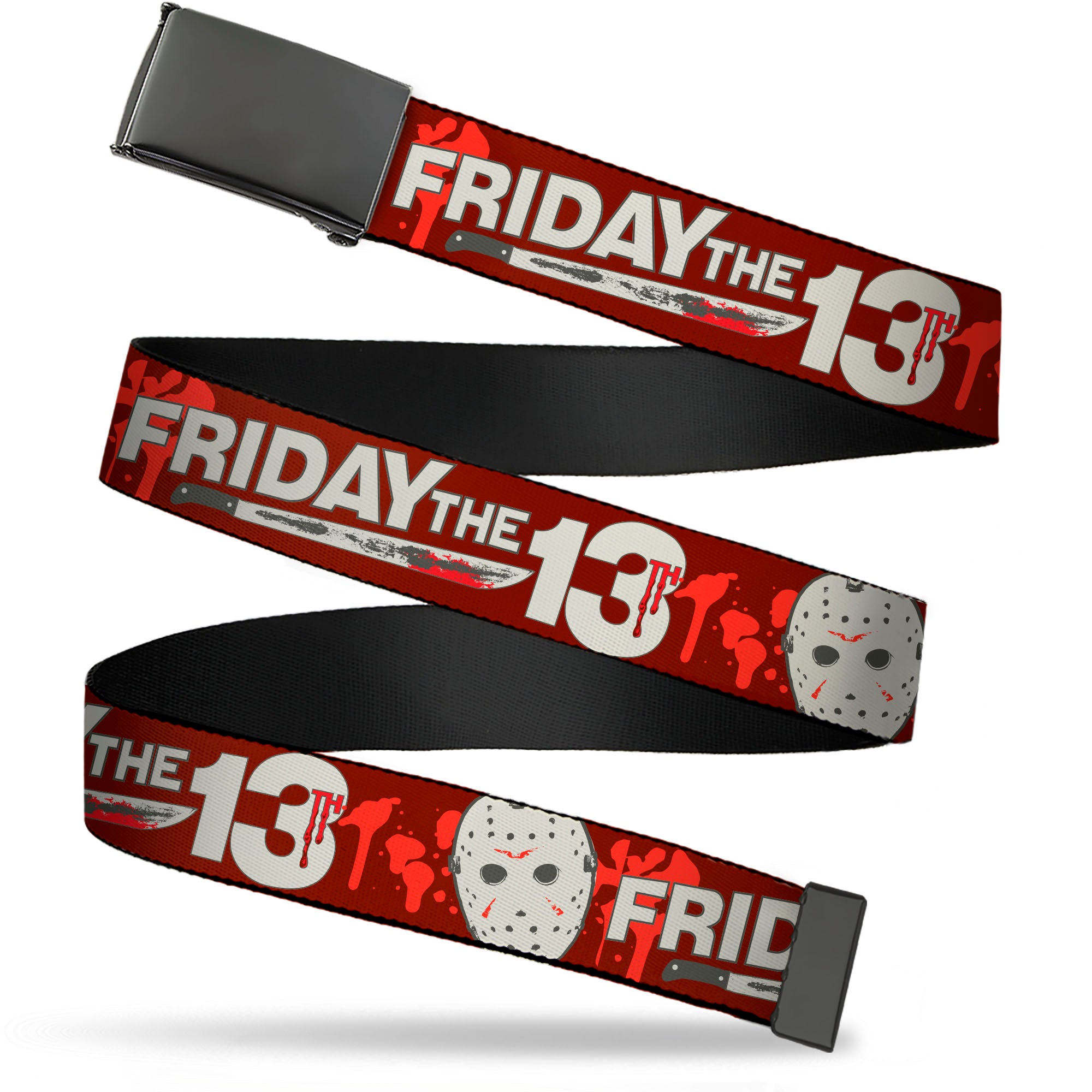 Web Belt Blank Black Buckle - FRIDAY THE 13TH Mask and Machete Icons Red/Pink/White Webbing Web Belts Friday the 13th