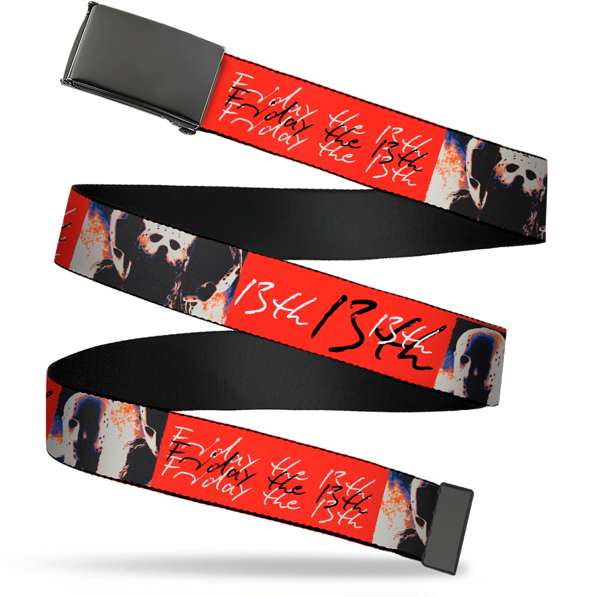 Web Belt Blank Black Buckle - FRIDAY THE 13TH Jason Mask and Script Blocks Red/Black/White Webbing Web Belts Friday the 13th