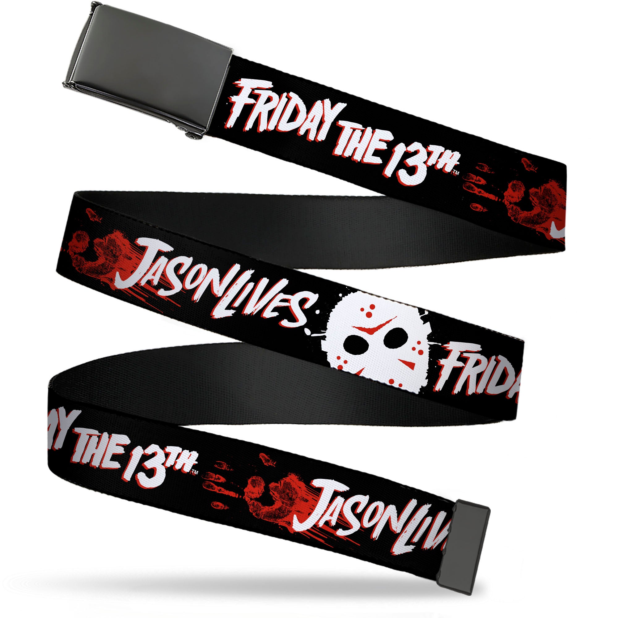 Web Belt Blank Black Buckle - FRIDAY THE 13TH JASON LIVES with Hand Print and Mask Black/Red/White Webbing Web Belts Friday the 13th