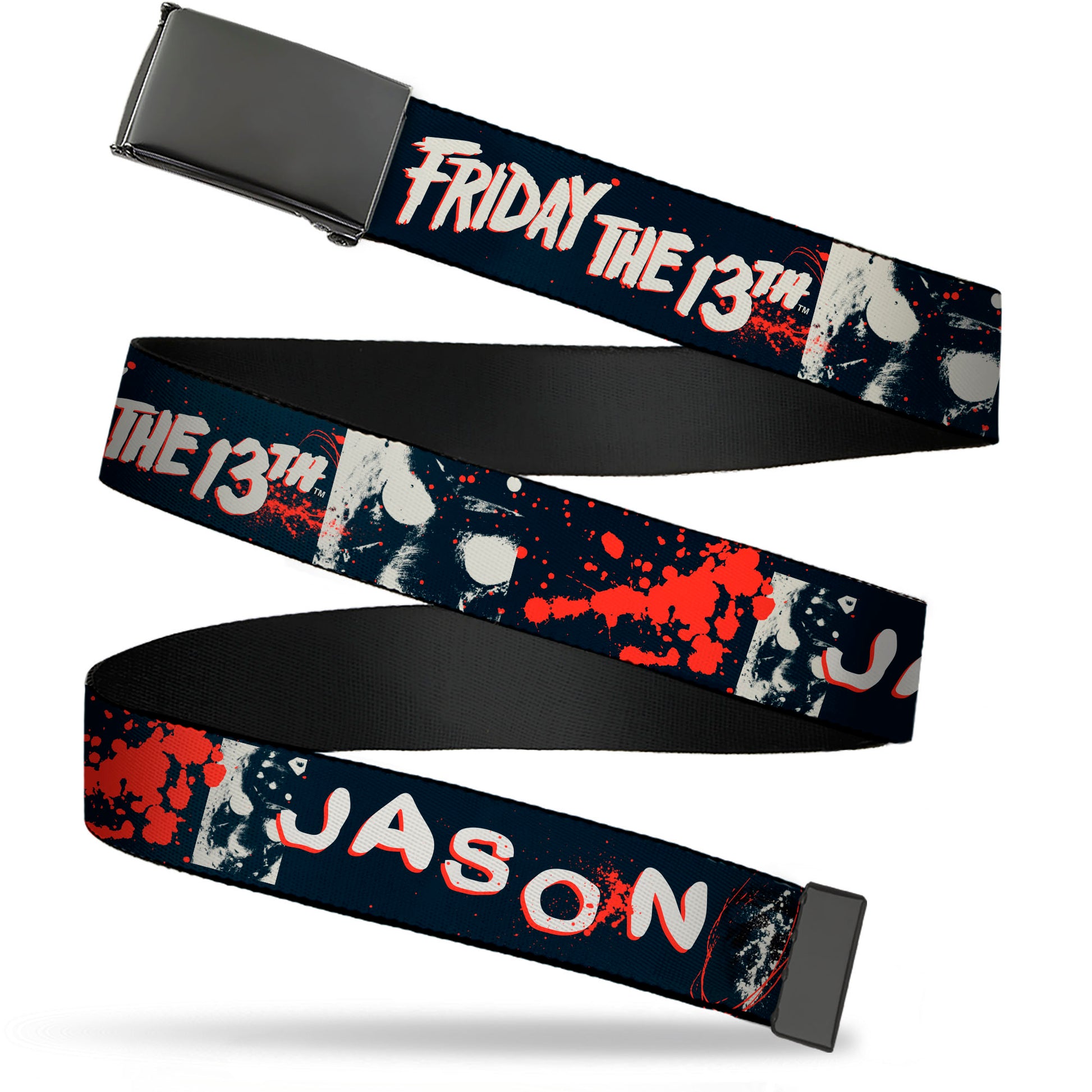Web Belt Blank Black Buckle - FRIDAY THE 13TH JASON Mask and Splatter Black/Red/White Webbing Web Belts Friday the 13th