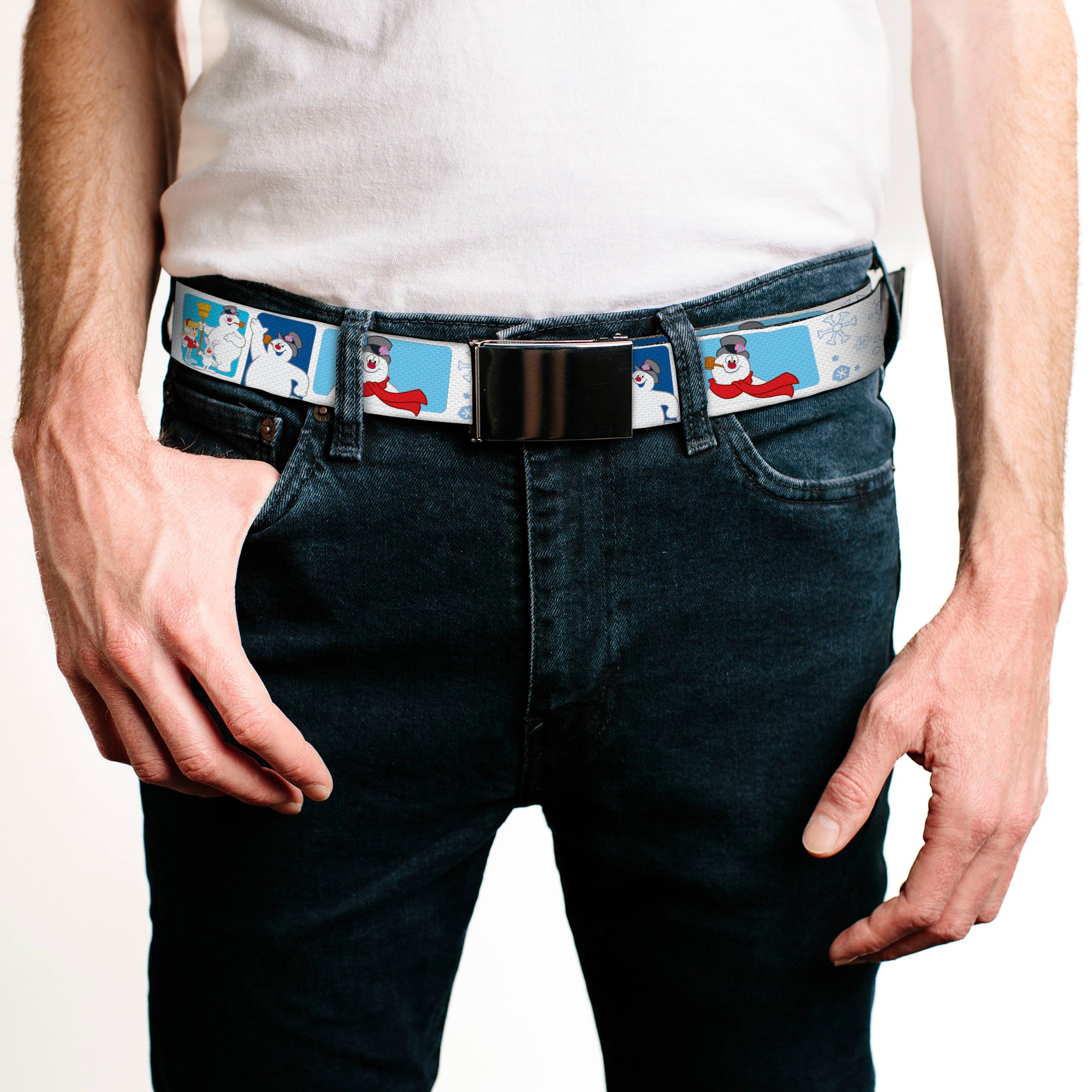 Web Belt Blank Black Buckle - Frosty the Snowman Pose Blocks and Snowflakes White/Blue Webbing Web Belts Frosty the Snowman