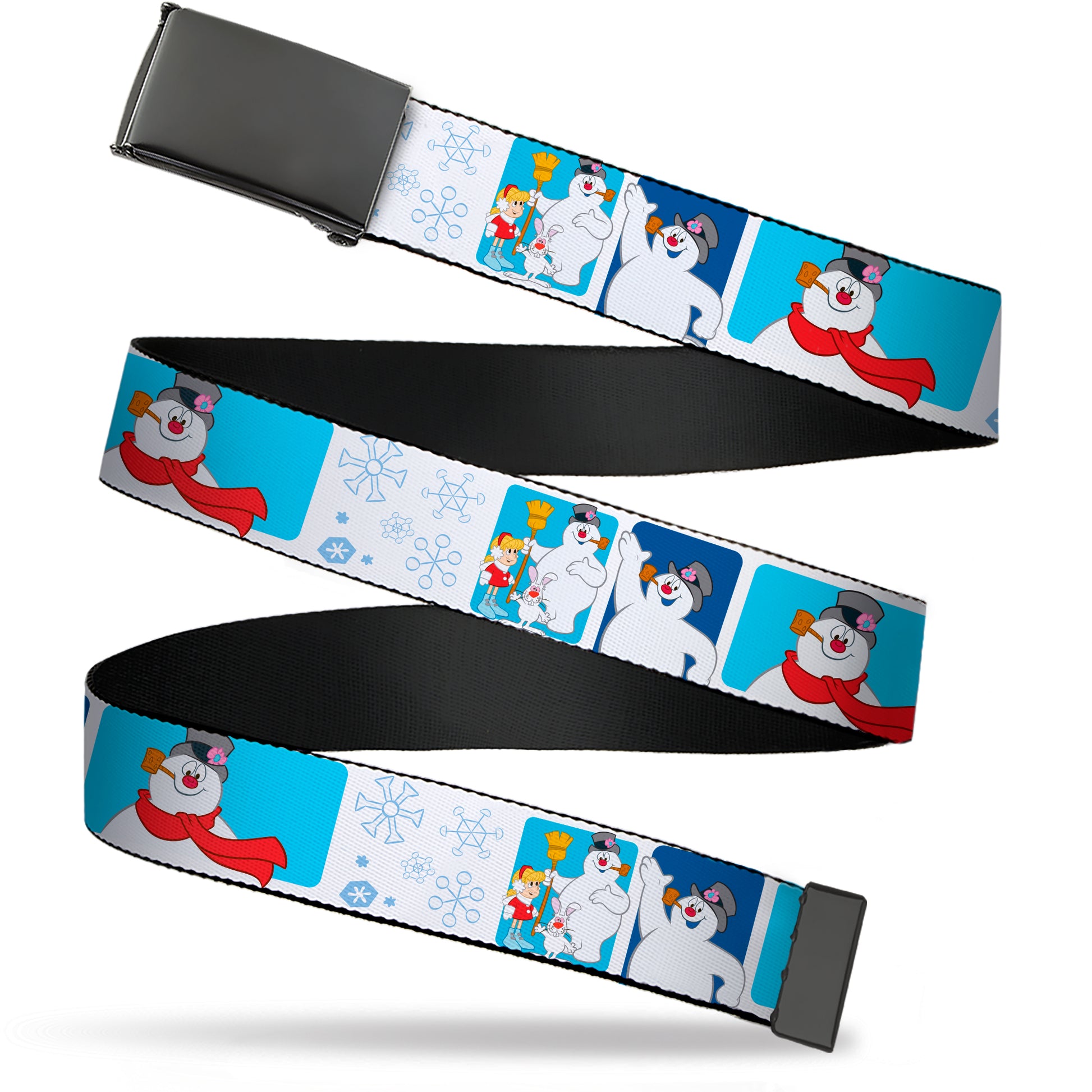 Web Belt Blank Black Buckle - Frosty the Snowman Pose Blocks and Snowflakes White/Blue Webbing Web Belts Frosty the Snowman