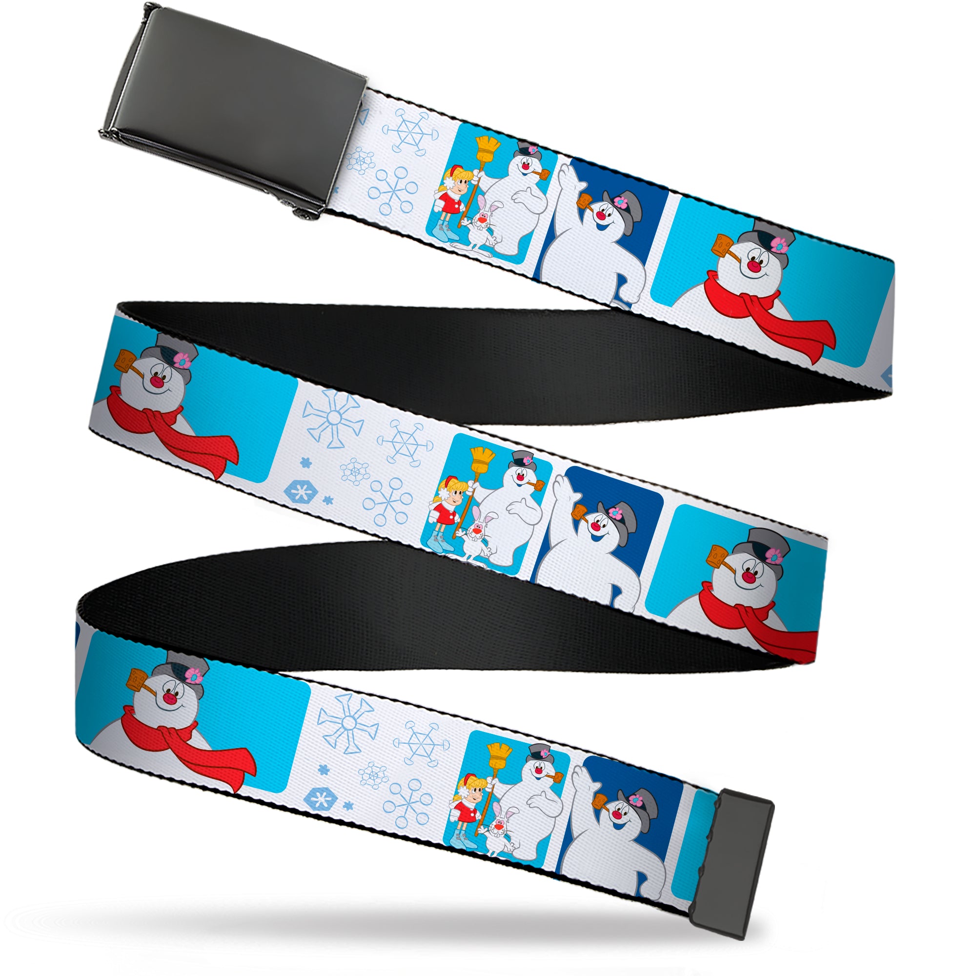 Web Belt Blank Black Buckle - Frosty the Snowman Pose Blocks and Snowflakes White/Blue Webbing Web Belts Frosty the Snowman