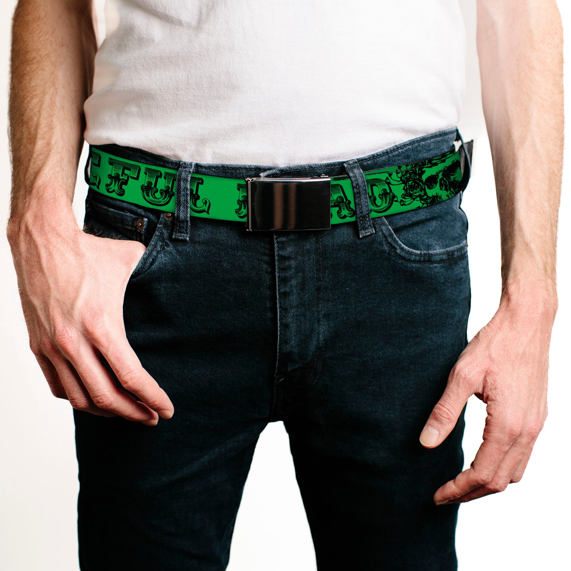 Black Buckle Web Belt - Grateful Dead Text w/Skull & Roses Green Webbing Web Belts Grateful Dead   