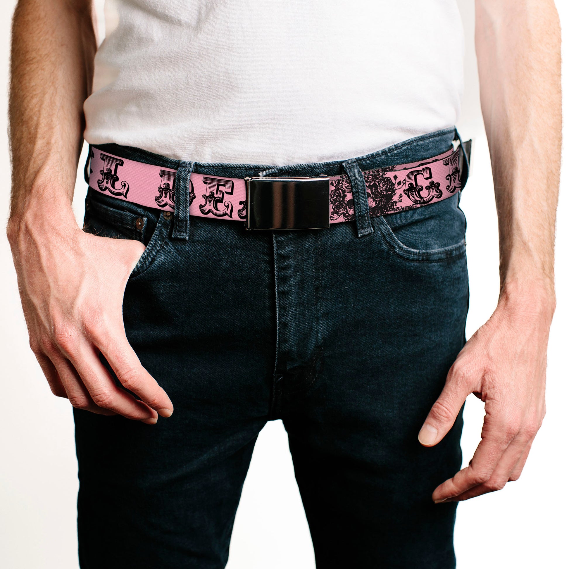 Web Belt Blank Black Buckle - Grateful Dead Text w/Skull & Roses Pink Webbing Web Belts Grateful Dead   