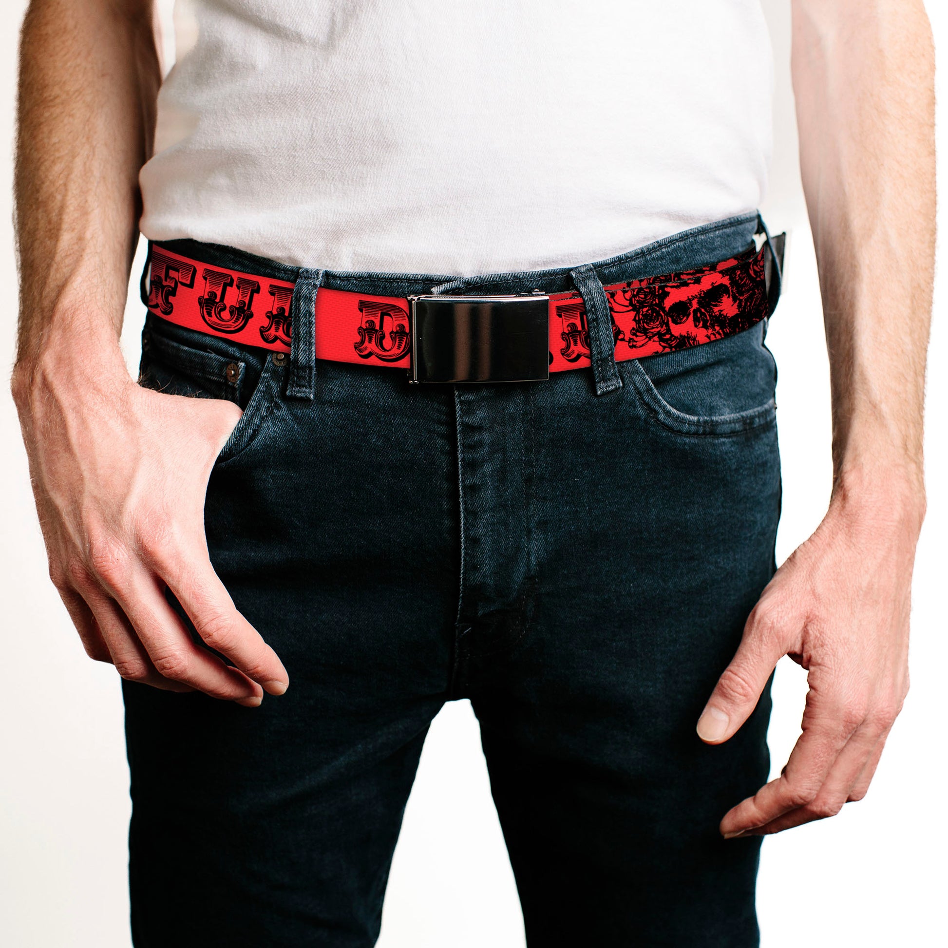 Black Buckle Web Belt - Grateful Dead Text w/Skull & Roses Red Webbing Web Belts Grateful Dead   