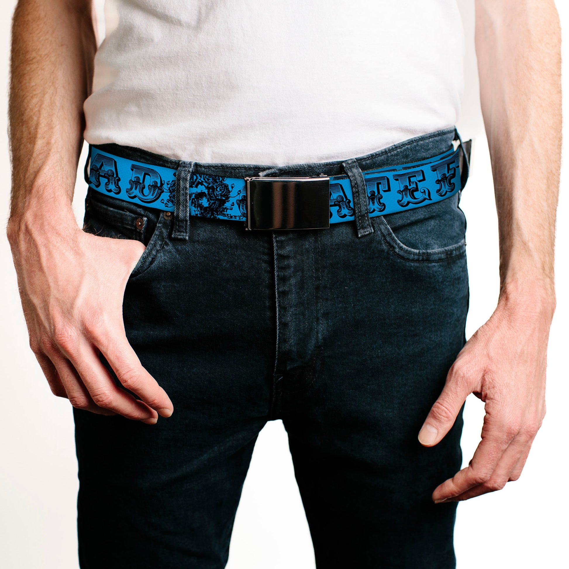 Black Buckle Web Belt - Grateful Dead Text w/Skull & Roses Turquoise Webbing Web Belts Grateful Dead   