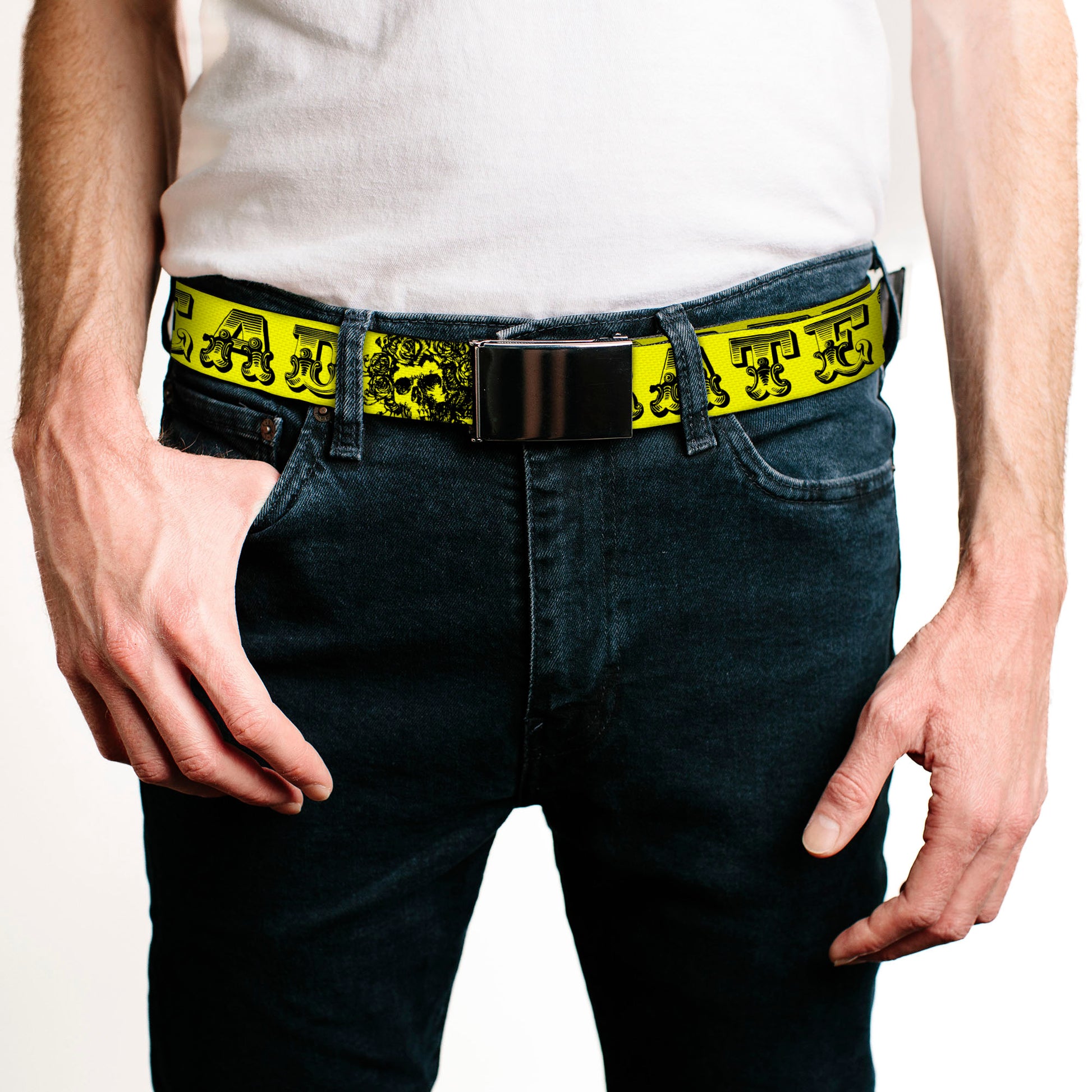 Black Buckle Web Belt - Grateful Dead Text w/Skull & Roses Yellow Webbing Web Belts Grateful Dead   