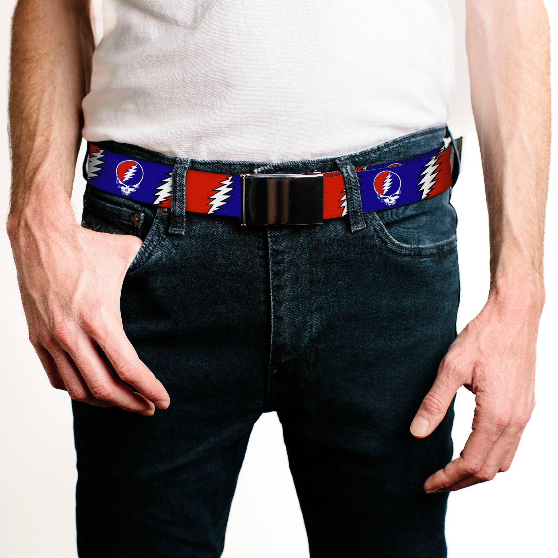 Black Buckle Web Belt - Steal Your Face w/Lightning Bolt Repeat Red/White/Blue Webbing Web Belts Grateful Dead   