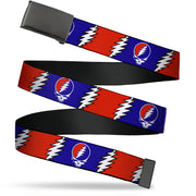 Black Buckle Web Belt - Steal Your Face w/Lightning Bolt Repeat Red/White/Blue Webbing Web Belts Grateful Dead   