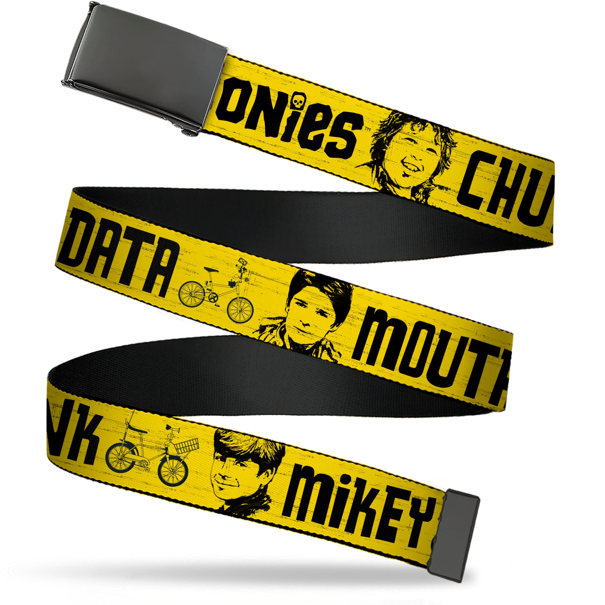 Web Belt Blank Black Buckle - THE GOONIES CHUNK MIKEY DATA MOUTH Icons and Title Logo Yellow/Black Webbing Web Belts The Goonies