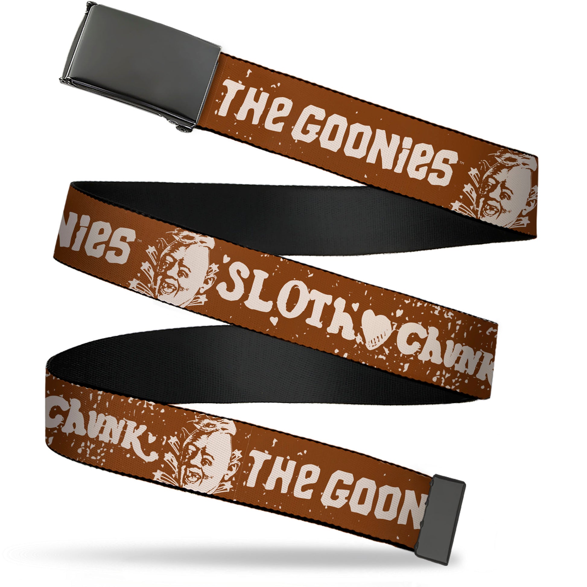 Web Belt Blank Black Buckle - THE GOONIES SLOTH LOVE CHUNK Quote and Title Logo Brown/Tan Webbing Web Belts The Goonies