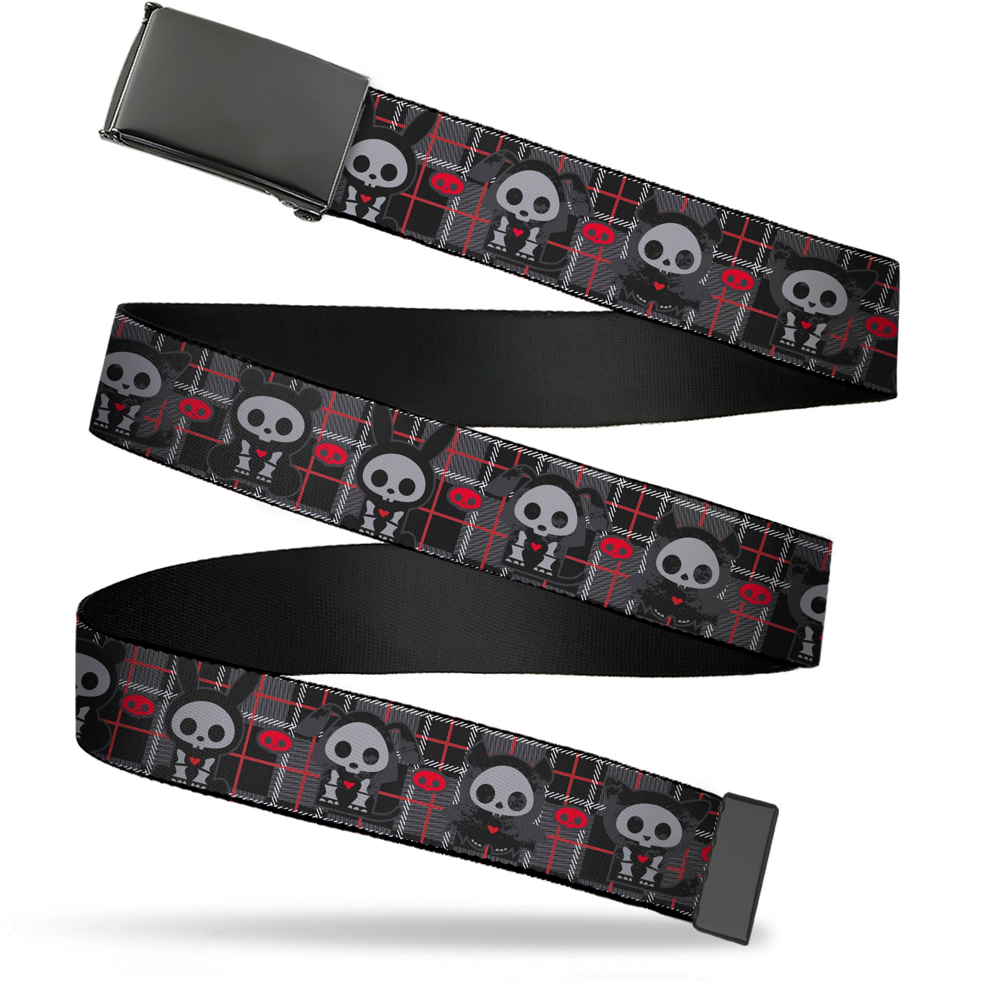 Web Belt Blank Black Buckle - Skelanimals Five Animals and Face Logo Plaid Black/Red/White Webbing Web Belts Skelanimals