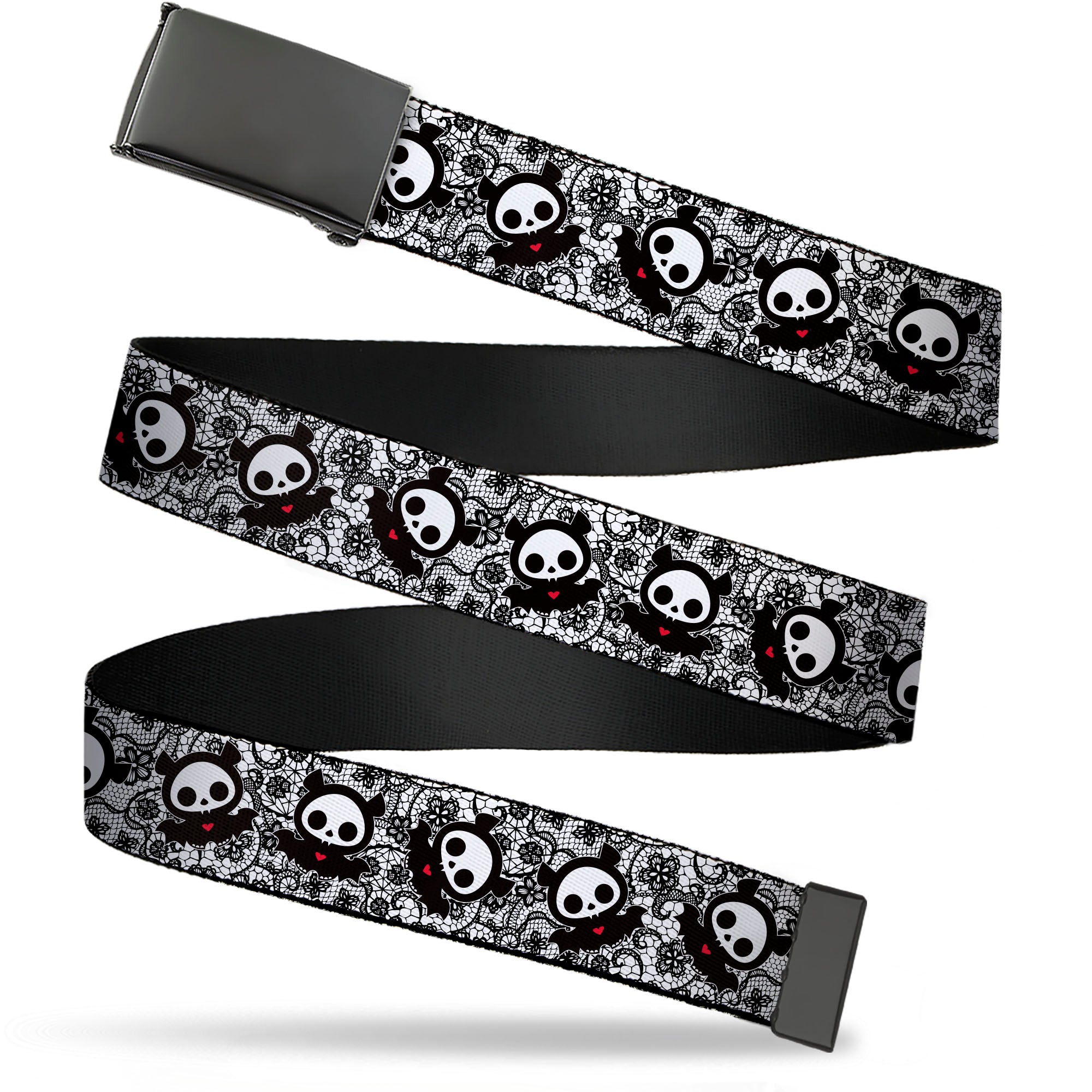 Web Belt Blank Black Buckle - Skelanimals Diego the Bat Pose Lace Print White/Black Webbing Web Belts Skelanimals