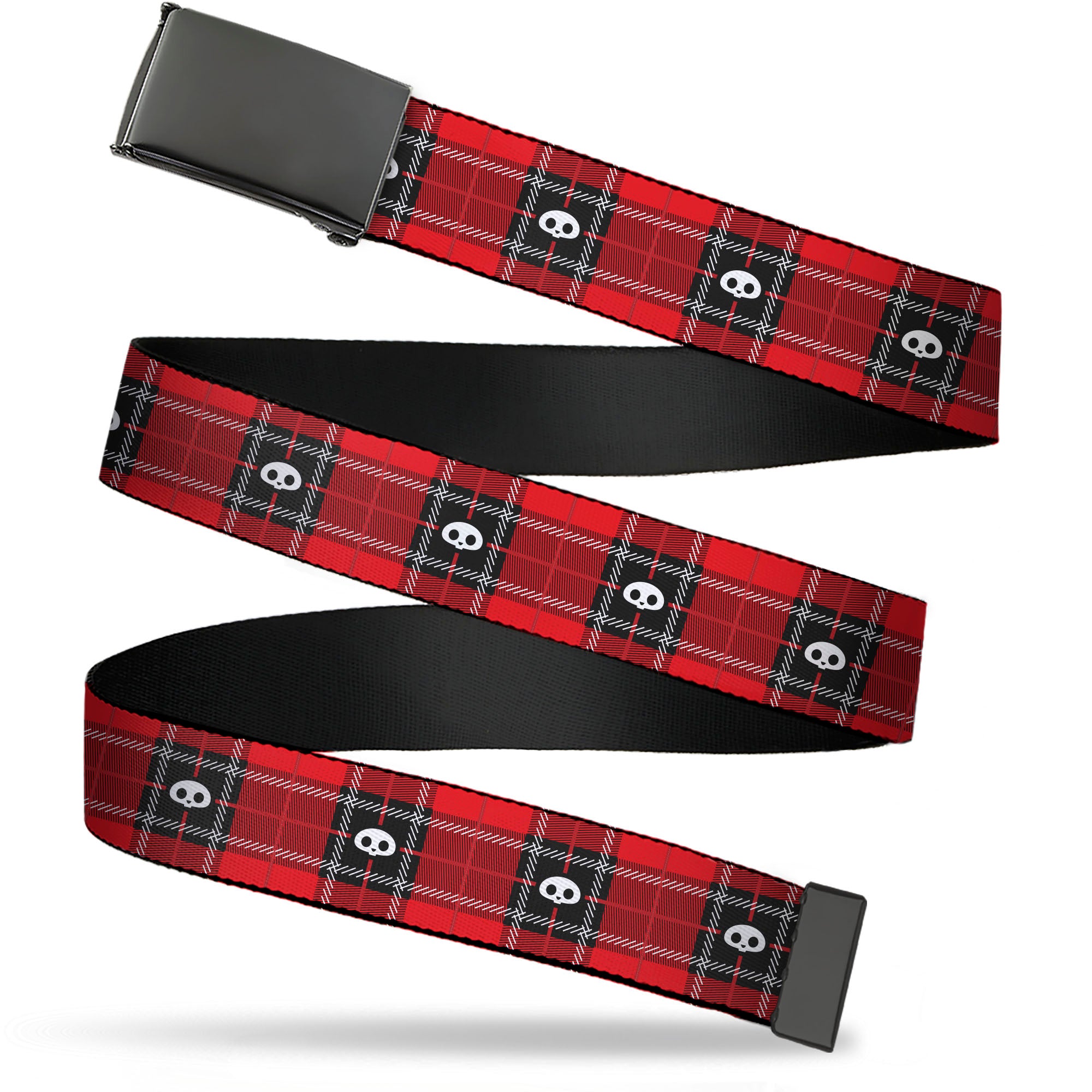Web Belt Blank Black Buckle - Skelanimals Face Logo Plaid Red/Black/White Webbing Web Belts Skelanimals