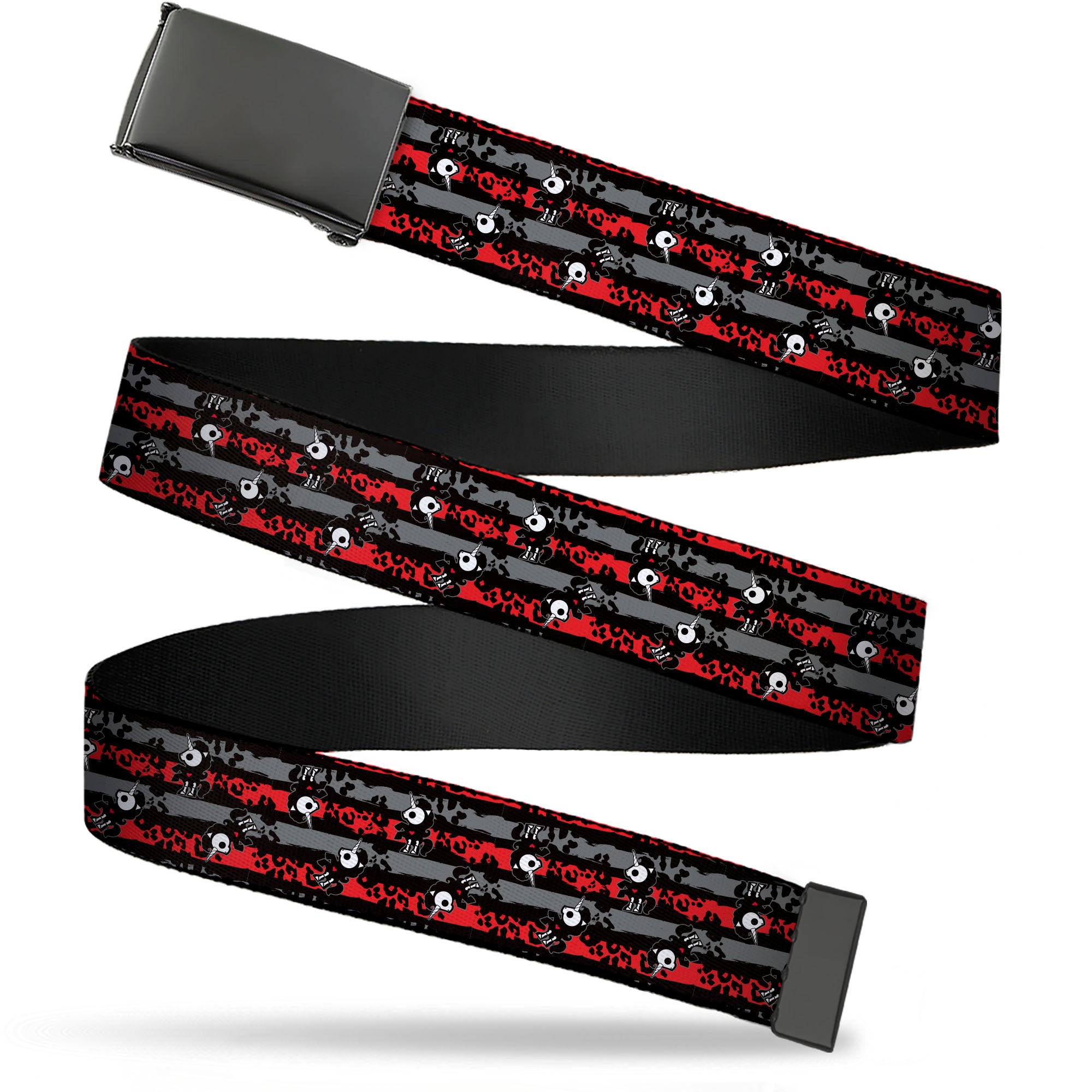 Web Belt Blank Black Buckle - Skelanimals Bonita the Unicorn Poses Stripe Black/Red/Gray Webbing Web Belts Skelanimals