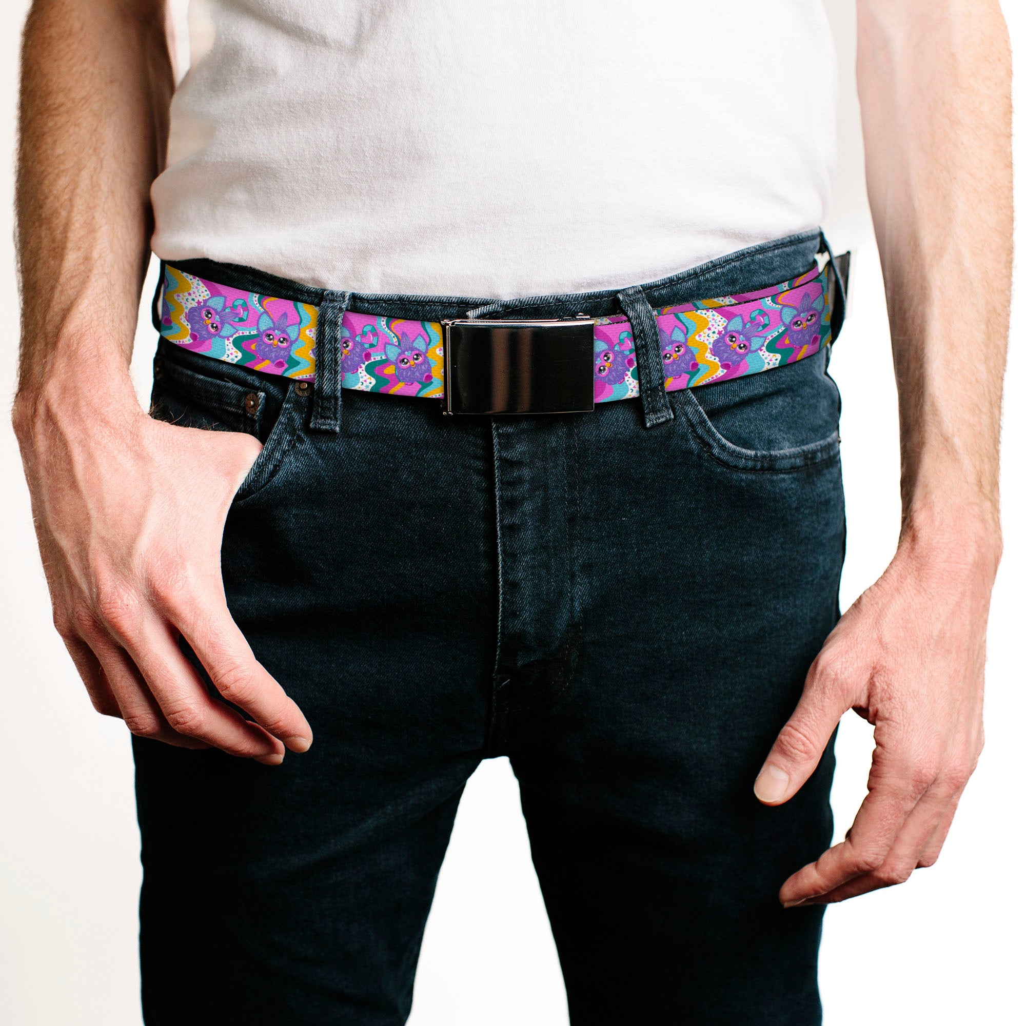 Web Belt Blank Black Buckle - Furby Purple Dancing Pose Collage Multi Color Webbing Web Belts Furby
