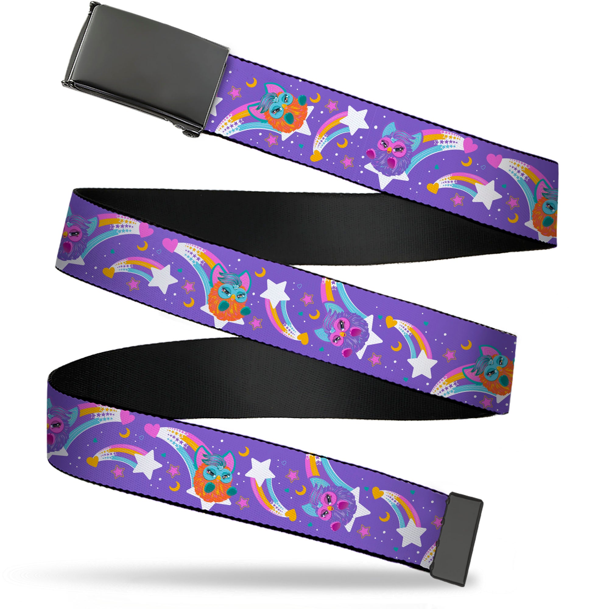 Web Belt Blank Black Buckle - Furby Orange and Purple Jumping Rainbow Slide Black/Multi Color Webbing Web Belts Furby